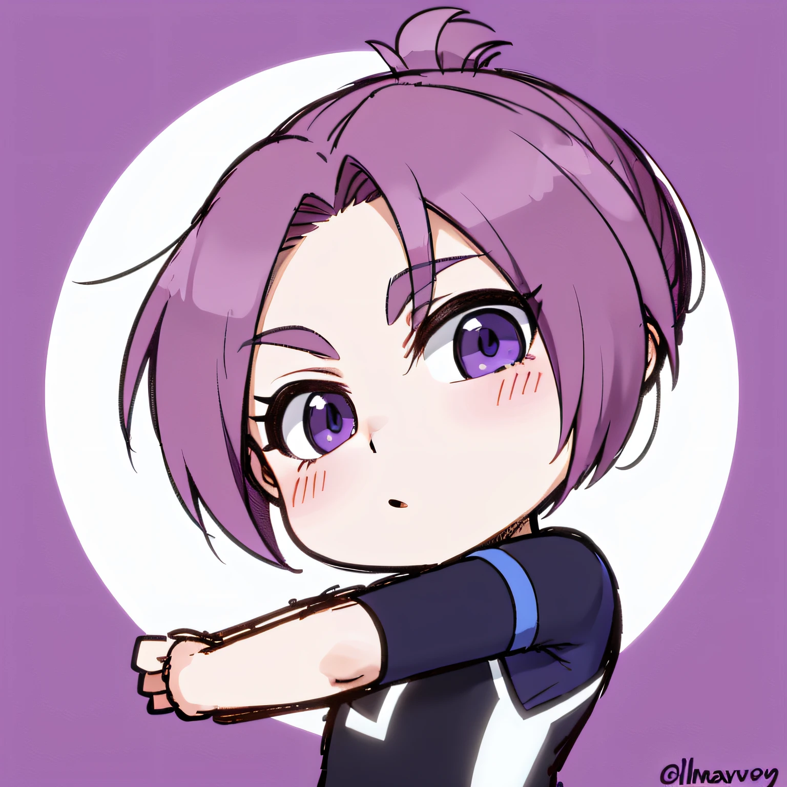He has purple hair the length of his collarbone.、Inwave Long、Leave two tufts of hair surrounding the face。pure、He has bright purple eyes。
