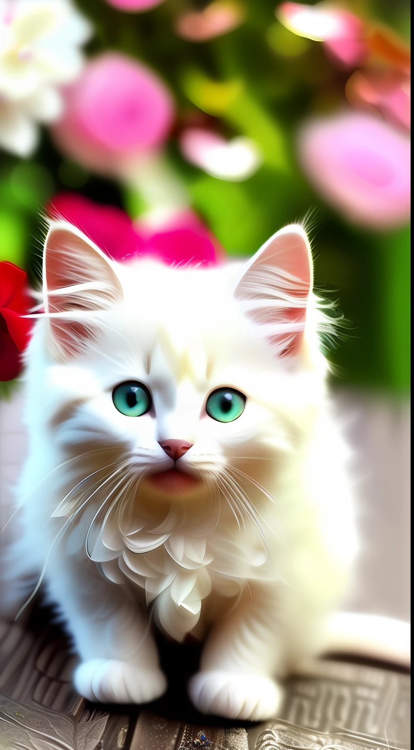 A white-haired kitten， shaggy，sparkle eyes，Jewelry and flowers in the background，ssmile，Funny，Left，Round box，Catstravaganza