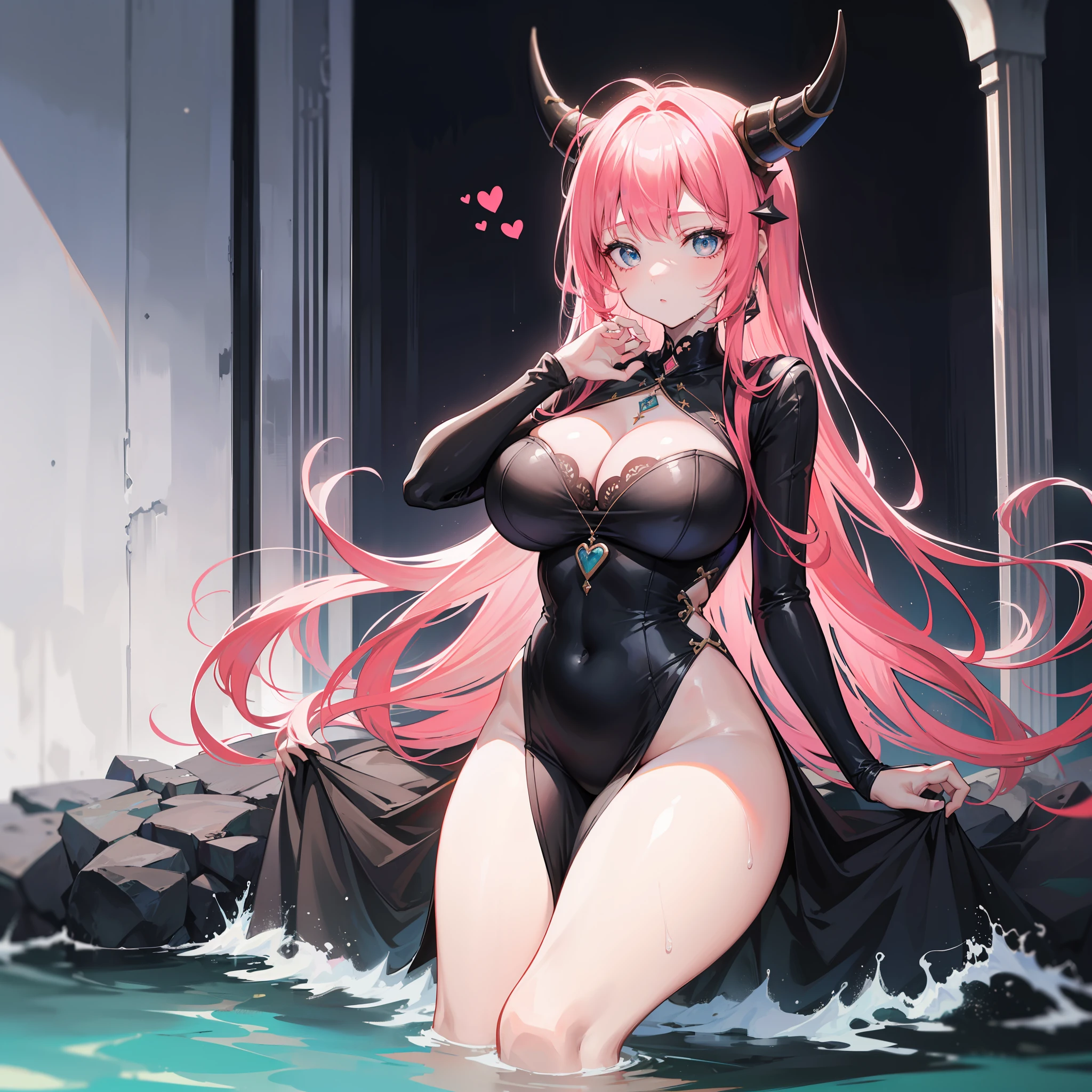 Young woman with pink hair and black horns sticking out of the water in a long black ball dress all wet, Ela tem um corpo volumoso e os seios, breasts and bust are huge, ela tem um rosto macio maduro lindo e perfeito. Sentada nas escadas da catedral(ultra-detalhado), obra-prima, melhor qualidade,(((1 menina))), (belo rosto detalhado),(belos olhos detalhados),(Seios enormes), Curvilinear, quadris largos, coxas grossas, ((matural female))