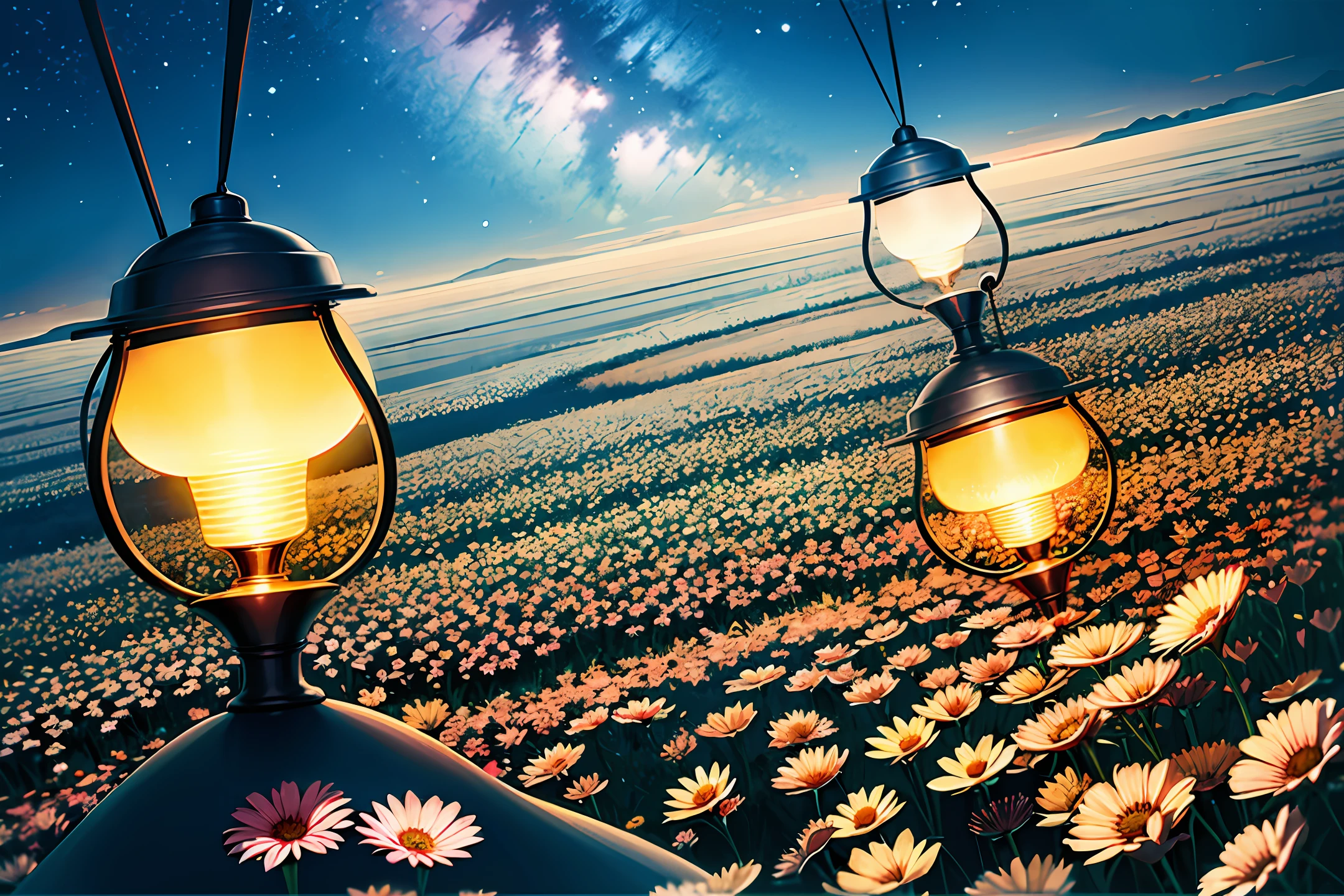 Expansive landscape photograph,(look from down,Above is the sky,Below are open fields),A girl standing on a flower field looking up,(moon full:1.2),(meteors:0.9),(Starcloud:1.3),Far Mountain, Tree BREAK making art,(Warm light source:1.2),(glowworm:1.2),lamp lights,Lots of purple and orange,Complicated details,Volumetric lighting BREAK(tmasterpiece:1.2),(best qualtiy),8k,ultra - detailed,(dynamic compositions:1.4),detail-rich,plethora of colors,(Irridescent color:1.2),(with light glowing,Atmospheric lighting),dream magical,magical,(独奏:1.2)