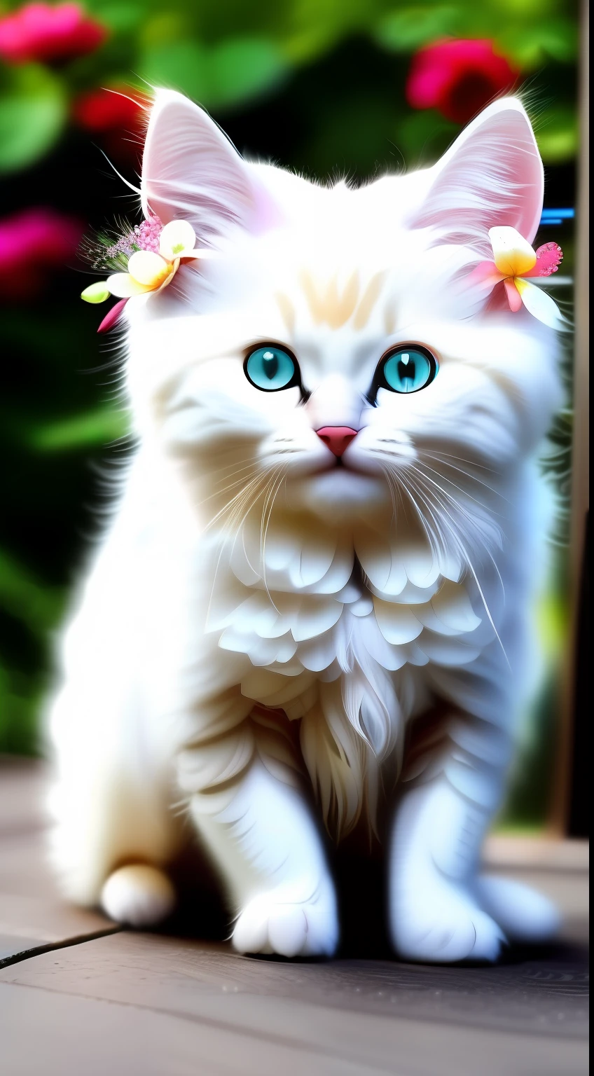A white-haired kitten， shaggy，sparkle eyes，Jewelry and flowers in the background，ssmile，Funny，Left，Round box，Catstravaganza