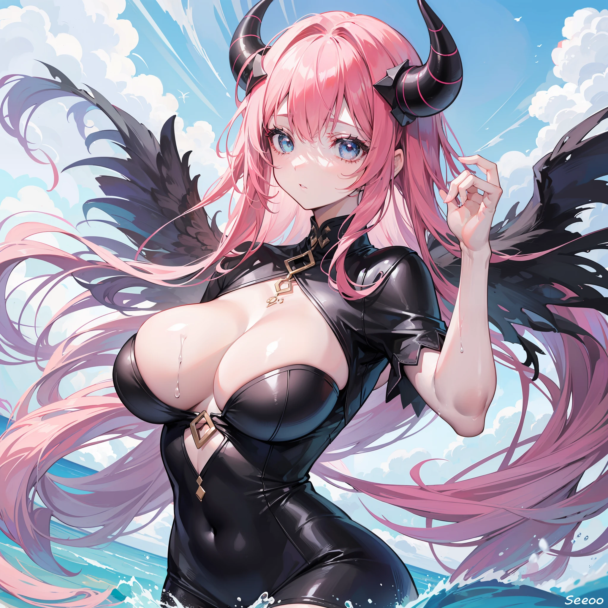 Young woman with pink hair and black horns sticking out of the water in a long black ball dress all wet, Ela tem um corpo volumoso e os seios, breasts and bust are huge, ela tem um rosto macio maduro lindo e perfeito. Sentada nas escadas da catedral(ultra-detalhado), obra-prima, melhor qualidade,(((1 menina))), (belo rosto detalhado),(belos olhos detalhados),(Seios enormes), Curvilinear, quadris largos, coxas grossas, ((matural female))