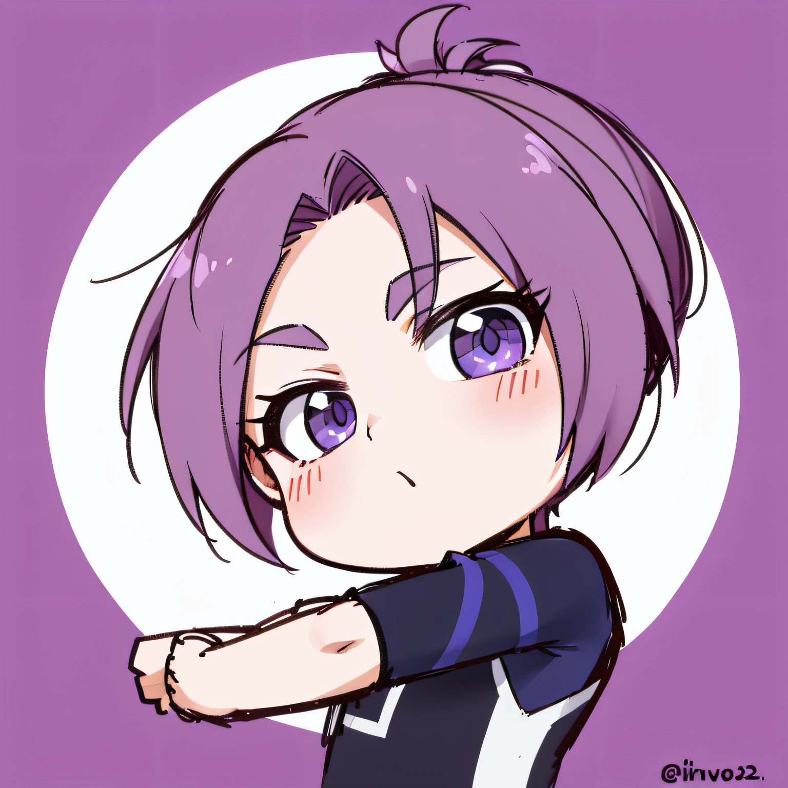 He has purple hair the length of his collarbone.、Inwave Long、Leave two tufts of hair surrounding the face。pure、He has bright purple eyes。