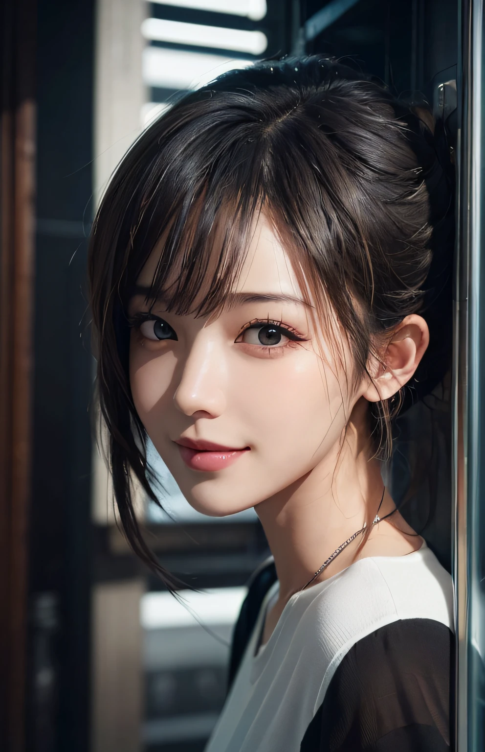 Masterpiece, 1 Beautiful Girl, Detailed, Swollen Eyes, Best Quality, Ultra High Resolution, (Reality: 1.4), Original Photo, 1Girl, Cinematic Lighting, Smiling, Japanese, Asian Beauty, Korean, Neat, Very Beautiful, Slightly Young Face, Beautiful Skin, Slender, Cyberpunk Background, (ultra realistic), (illustration), (high resolution), (8K), (very detailed), (best illustration), (beautifully detailed eyes), (super detailed), (wallpaper), (detailed face), viewer looking, fine details, detailed face, deep shadow, low key, pureerosfaceace_v1, smile, 46 point slanted bangs, facing straight ahead, neat clothes, black colored eyes,