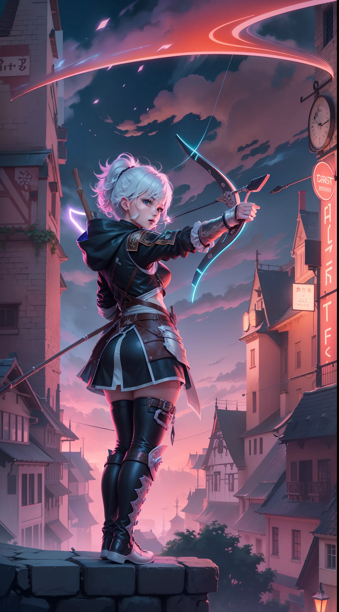 dark colorful neon glow wave sky, on castle wall with street lamp background, a girl is archer, shooting an arrow, light black hooded cloak, put on hood, leather breastplate and glove and boots, white skirts, gray and red line hair, short hair, bangs pony tail, blue eyes, sharp look, Inverted triangle face, extremely fine detailed, smooth and flawless, maximum resolution, extremely beautiful illustration.