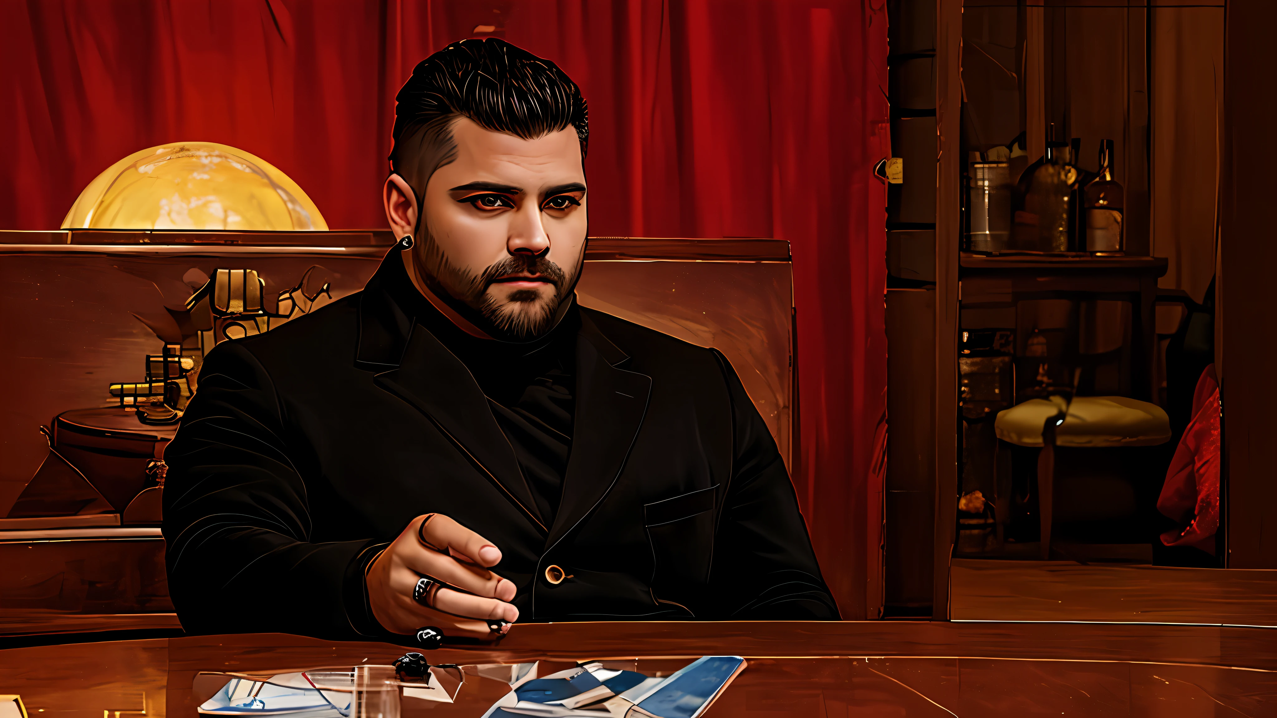 there is a man sitting at a table with a glass of wine, male vampire of clan banu haqim, intrincado, Filmado do filme, Nekro Petros Afshar, inspirado em Carlo Mense, programa de tv ainda, Artem Demura, production still, Condutor de Ene, Raphael Personnaz, smug smirk, Maxim Sukharev