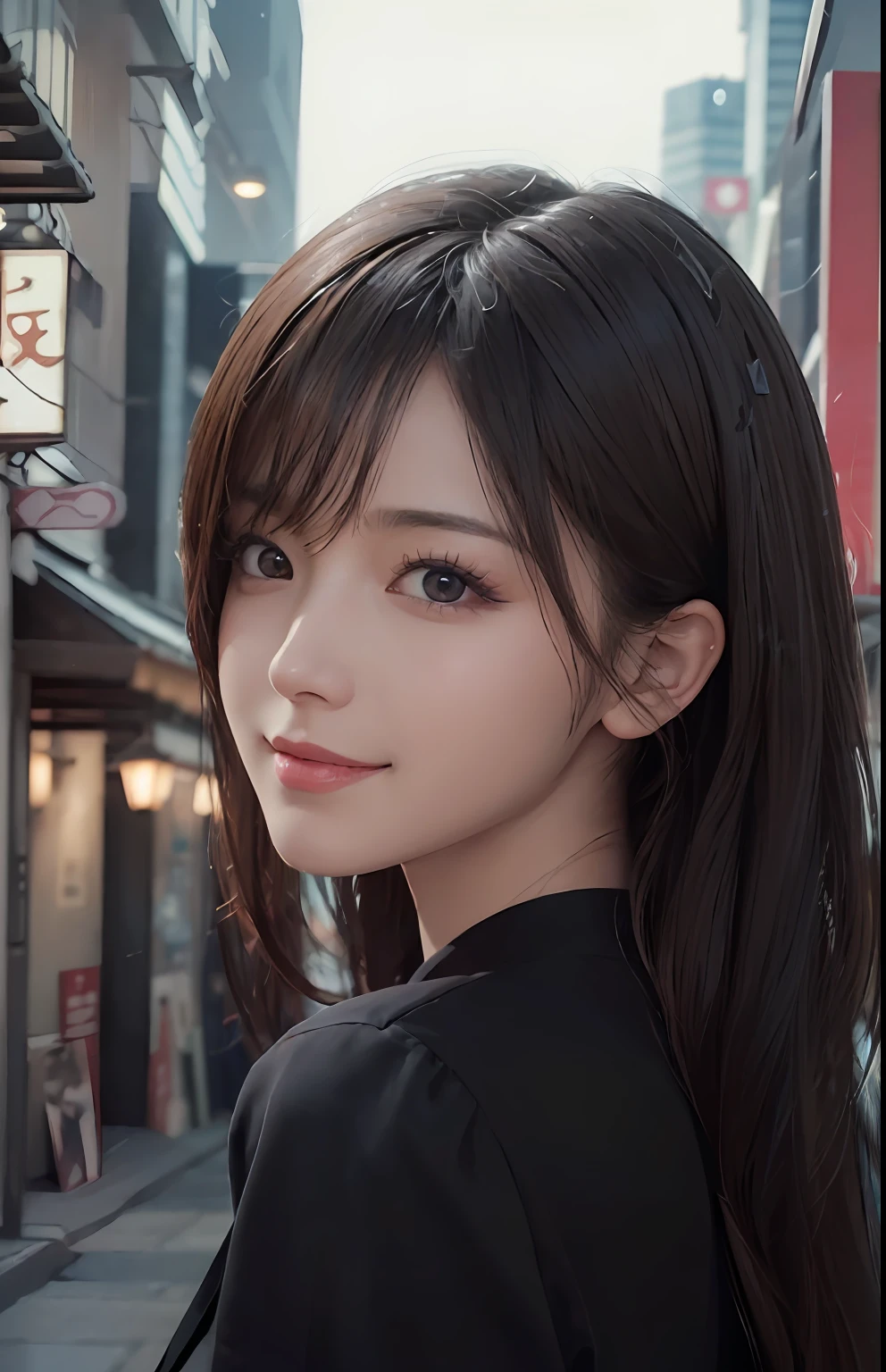Masterpiece, 1 Beautiful Girl, Detailed, Swollen Eyes, Best Quality, Ultra High Resolution, (Reality: 1.4), Original Photo, 1Girl, Cinematic Lighting, Smiling, Japanese, Asian Beauty, Korean, Neat, Very Beautiful, Slightly Young Face, Beautiful Skin, Slender, Cyberpunk Background, (ultra realistic), (illustration), (high resolution), (8K), (very detailed), (best illustration), (beautifully detailed eyes), (super detailed), (wallpaper), (detailed face), viewer looking, fine details, detailed face, deep shadow, low key, pureerosfaceace_v1, smile, 46 point slanted bangs, facing straight ahead, neat clothes, black colored eyes,