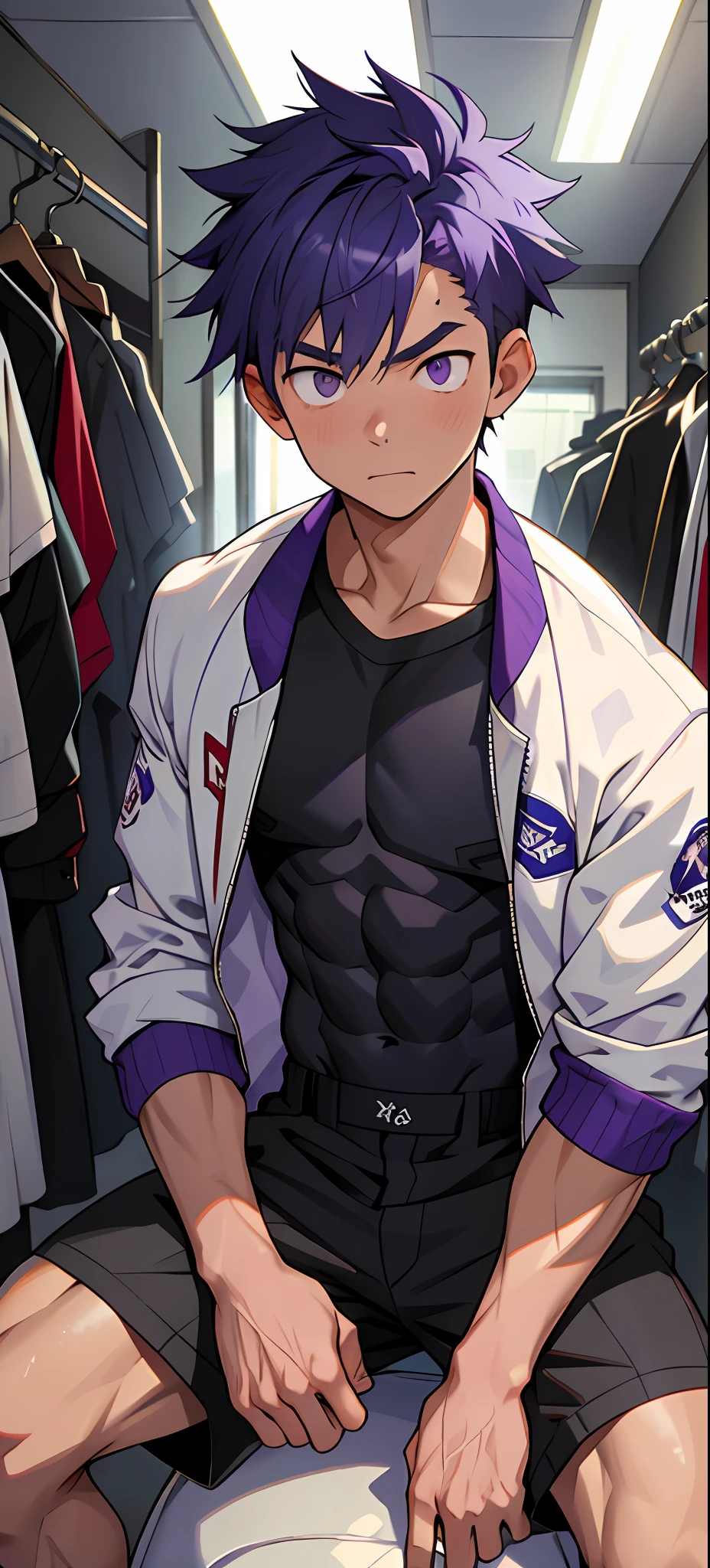 (masterpiece, best quality), 1boy, younge boy,musculous, short blue-purple hair, Dark gray eyes, 复杂, (dress room), full bodyesbian, White baseball uniform, Open light purple jacket, Pectoralis abdominal muscles,vivd colour,(depth of fields:1.2),(abs),Be red in the face,looking at viewert,A piano,spread their legs,