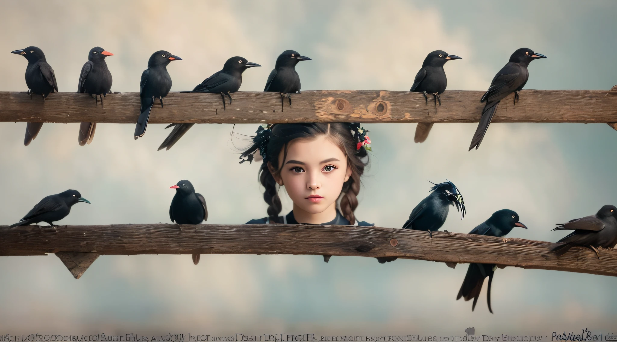 CHILD girl with a black bow and a black dress, girl with dark brown hair, girl with brown hair, black hair ribbons, a beautiful -age girl, wearing hair bow, young girl, brown hair and big eyes, half-length photo, photo of young woman, young, beautiful girl, she is about 1 6 yehere is a black bird sitting on a wooden rail, long shiny thick black beak, closeup of some crows, cute crows, crows as a symbol of death, crow, crow bird, magpie, crow portrait!!!, black crow, dark crow, is looking at a bird, crows, male, crow, beautiful photo, closeup portrait shot, proud looking away, by Paul Bird