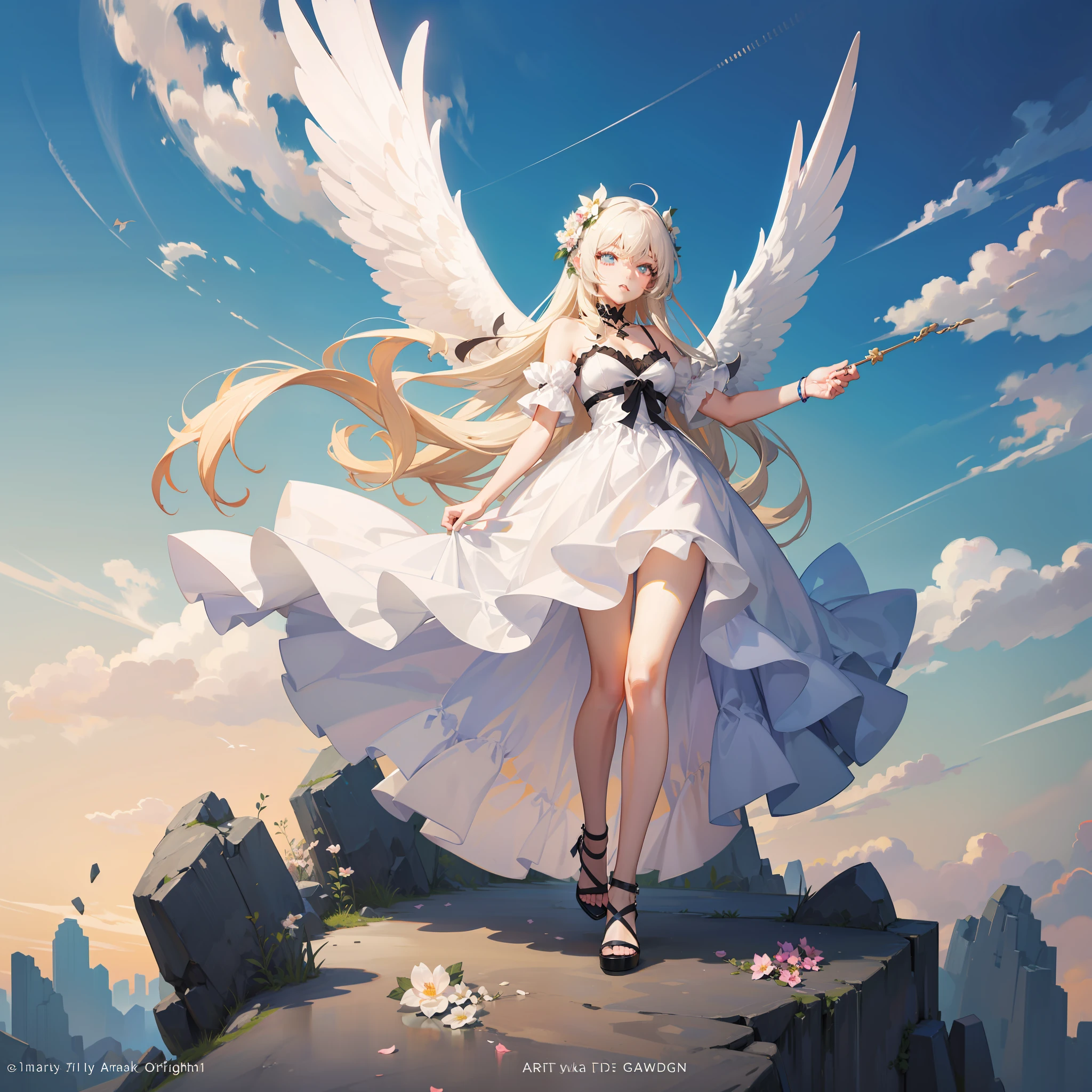 ​masterpiece、Anime - style image of a woman in a white dress with wings, guweiz on pixiv artstation, of an beautiful angel girl, full - body majestic angel, young wan angel, angel knight girl, Angel Girl, Flower garden、florals、Hyakka Ryōran、high detailed official artwork, digital art on pixiv