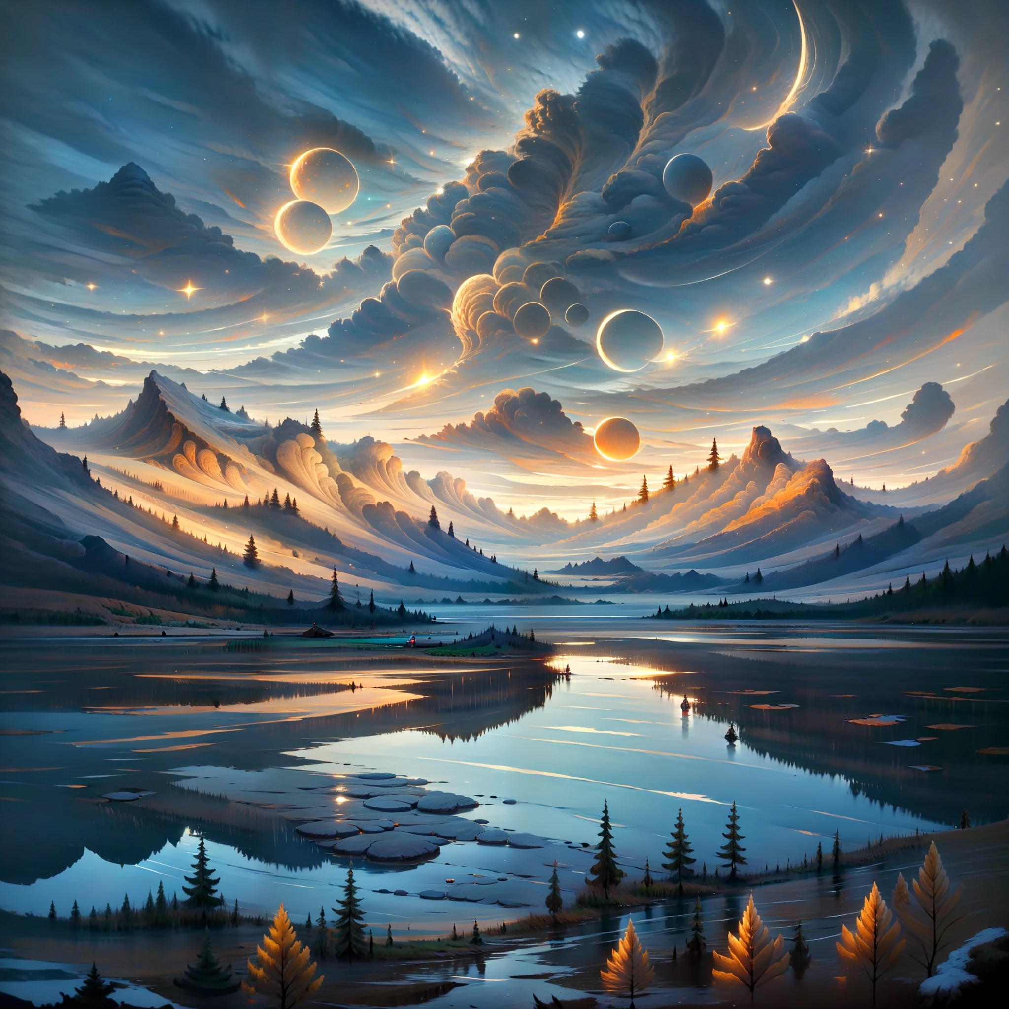 Stunning mountain scenery with a sparkling lake, Un immense croissant de lune et des couleurs chatoyantes.