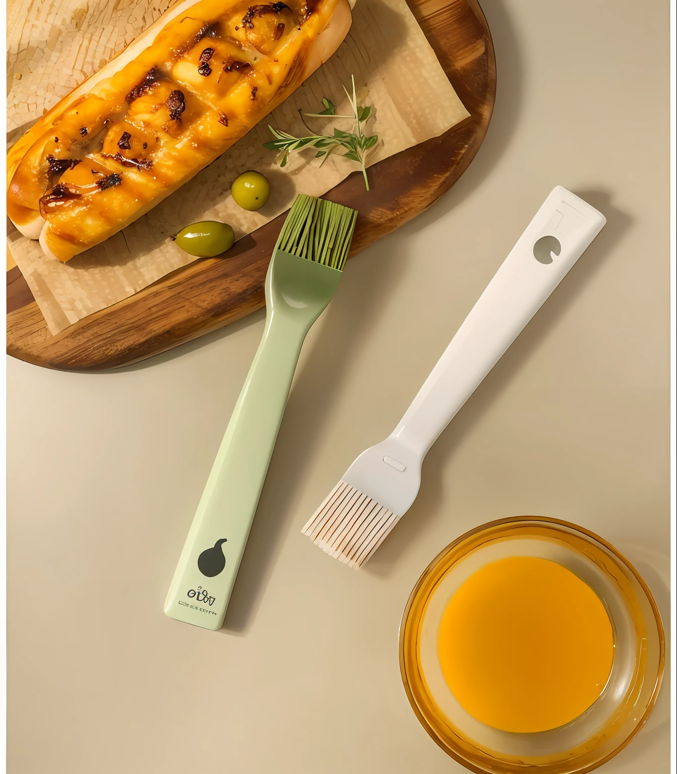 Grilled chicken wings on the tabletop,hot dog,An oil brush,A bowl of oil,