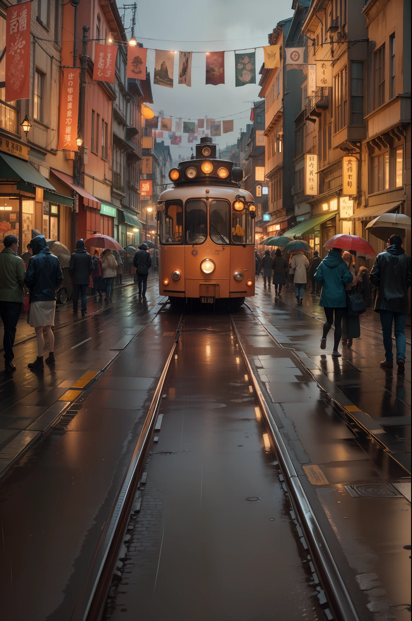 Nostalgic digital paintings inspired by the fascinating world of Studio Ghibli. The artwork is fascinating, Small town streets at night, It exudes serenity and wonder.. The scene is set for a cinematic moment, It is reminiscent of a scene from a Ghibli movie..8K ultra-high resolution, 3Dmm, Rainy streets, Full of rain-soaked beauties