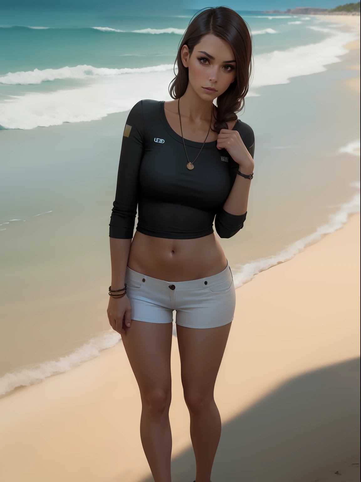 photograph of a brunette woman at the beach, dressed in trash| trash on the ground| trash all over the beach| wide angle| (trash floating on the water)| perfect face| photorealistic| hyperrealistic