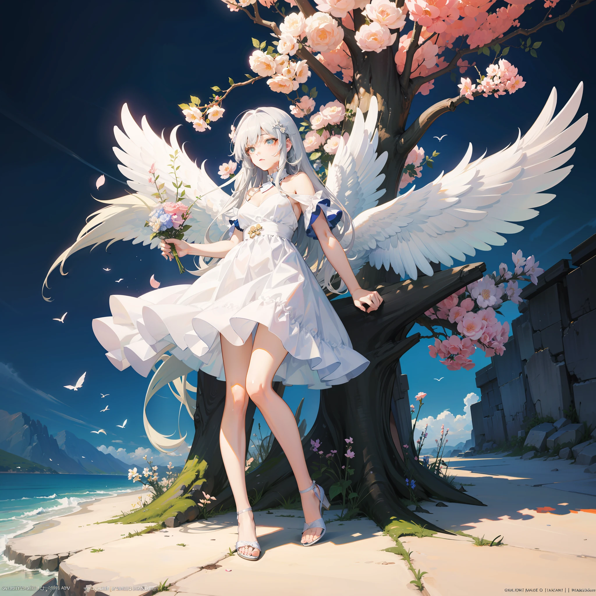 ​masterpiece、Anime - style image of a woman in a white dress with wings, guweiz on pixiv artstation, of an beautiful angel girl, full - body majestic angel, young wan angel, angel knight girl, Angel Girl, Flower garden、florals、Hyakka Ryōran、high detailed official artwork, digital art on pixiv