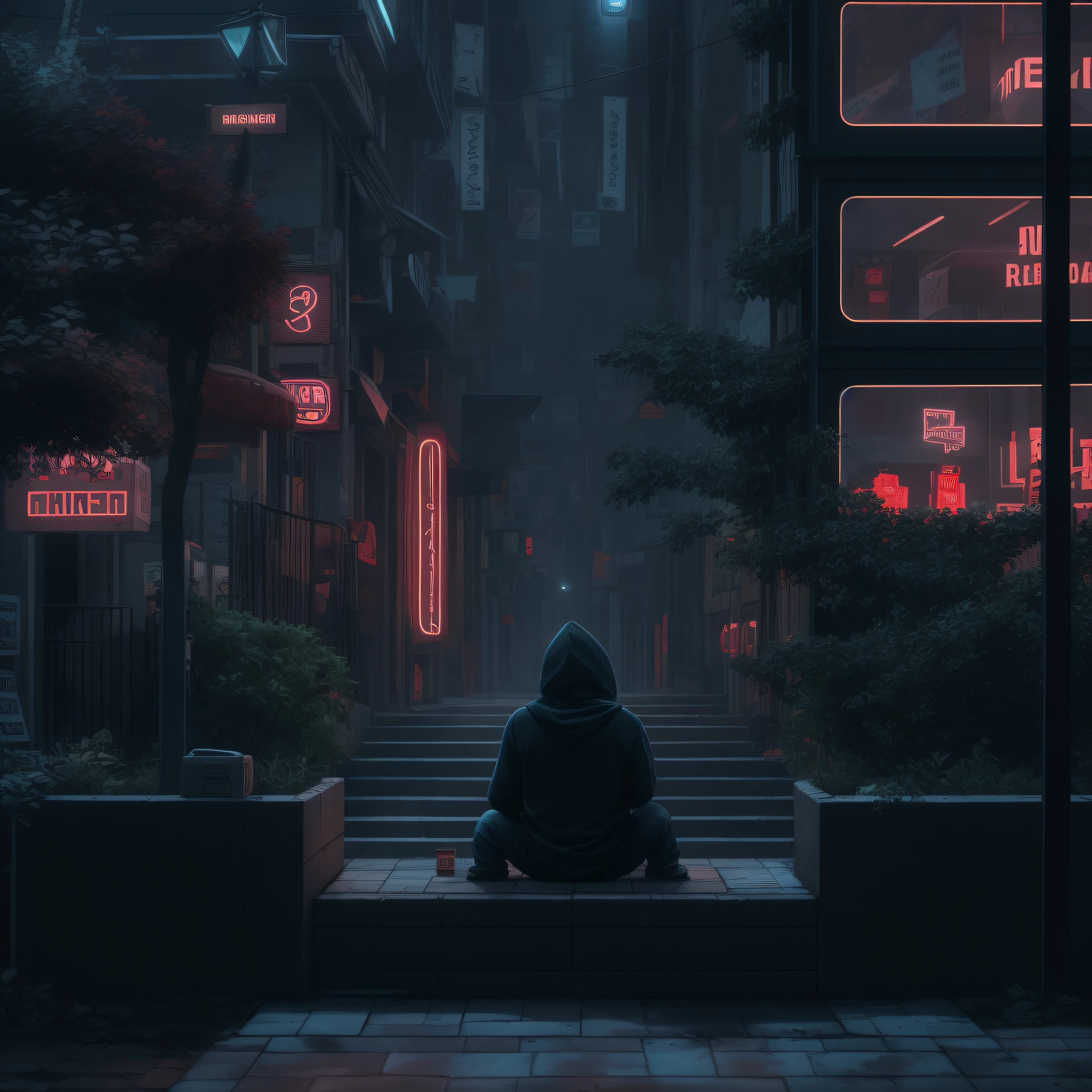 dark colors, A dark and moody image of a city at night. The streets are empty, and the only light comes from the neon signs. In the foreground, there is a lone figure sitting on a bench. The figure is hunched over, and their head is in their hands. They are wearing a black hoodie, and their face is obscured in the shadows., voxel art, abstract digital art