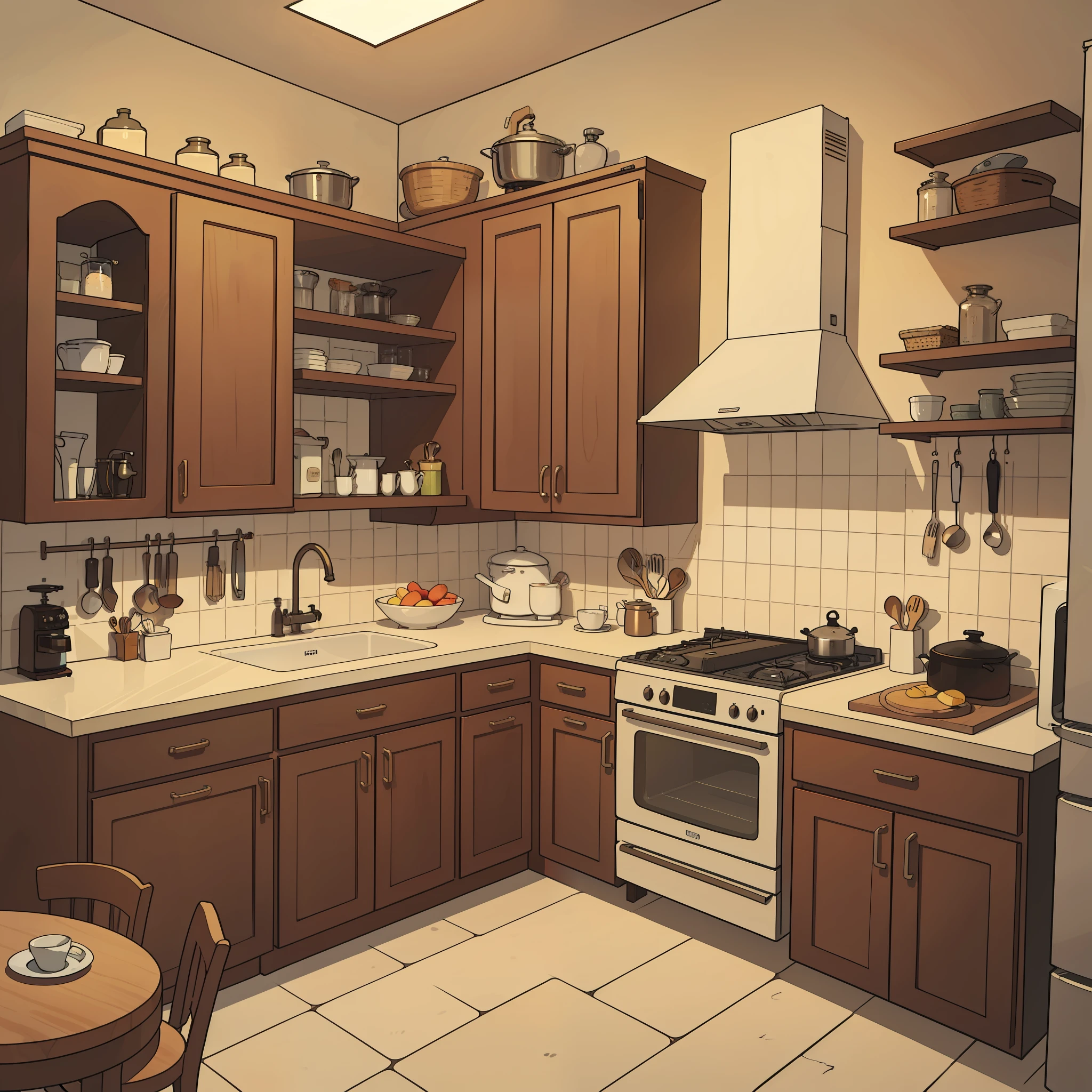 There is a kitchen , com uma grande bancada , utensils and cabinets, sink stove and refrigerator  ,  com luz natural de uma janela