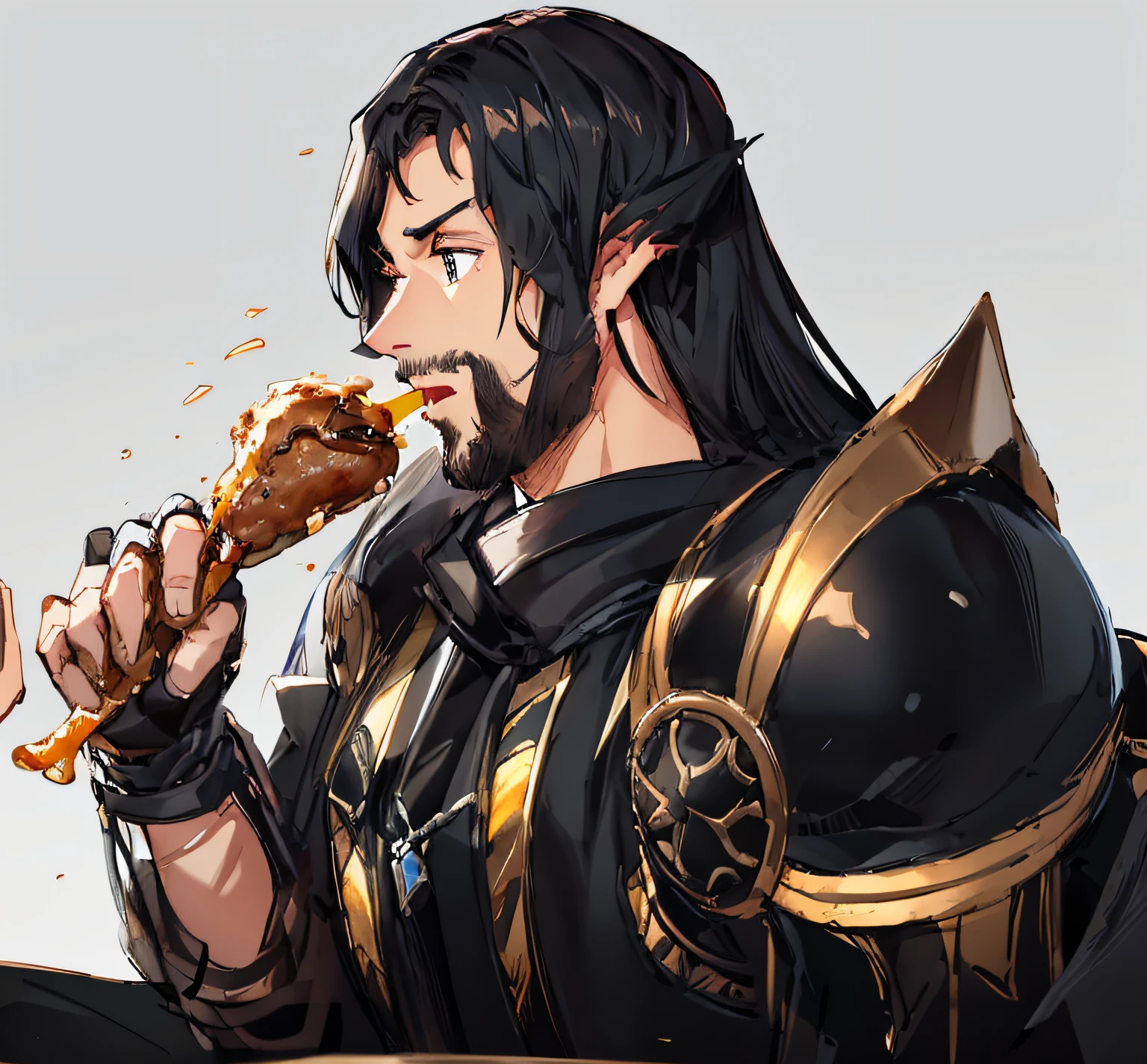 A black-haired Arab warrior wearing black armor eats a chicken drumstick，Fragrant chicken thighs，Exquisite black armor，