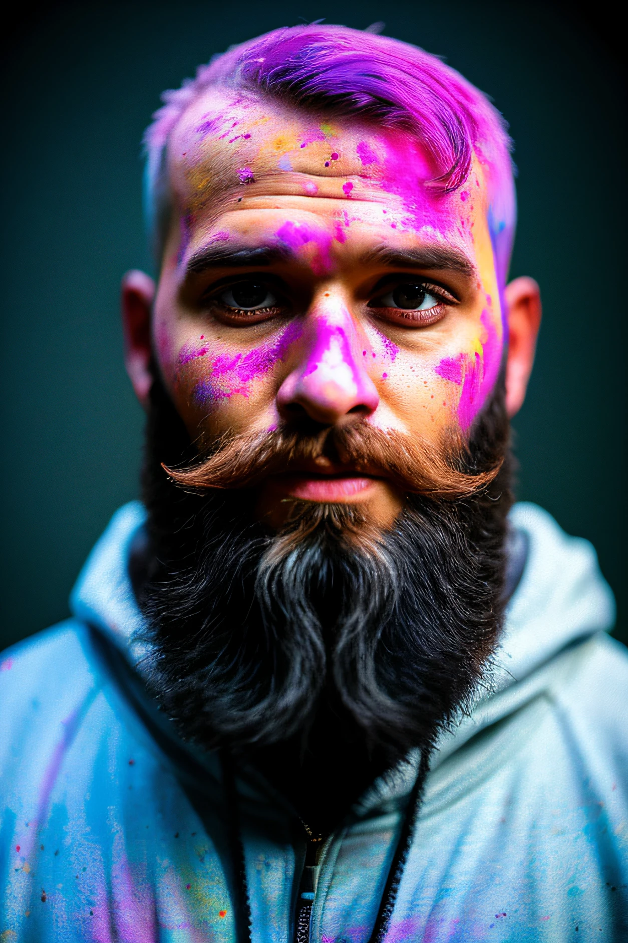 a mature with beard as a pet doctor background pet playing, wearing hoodie, looking at viewer, holi color festival, portrait, hyper detailed POV, by lee jeffries, nikon d850, film stock photograph ,4 kodak portra 400 ,camera f1.6 lens ,rich colors ,hyper realistic ,lifelike texture, dramatic lighting , cinestill 800,