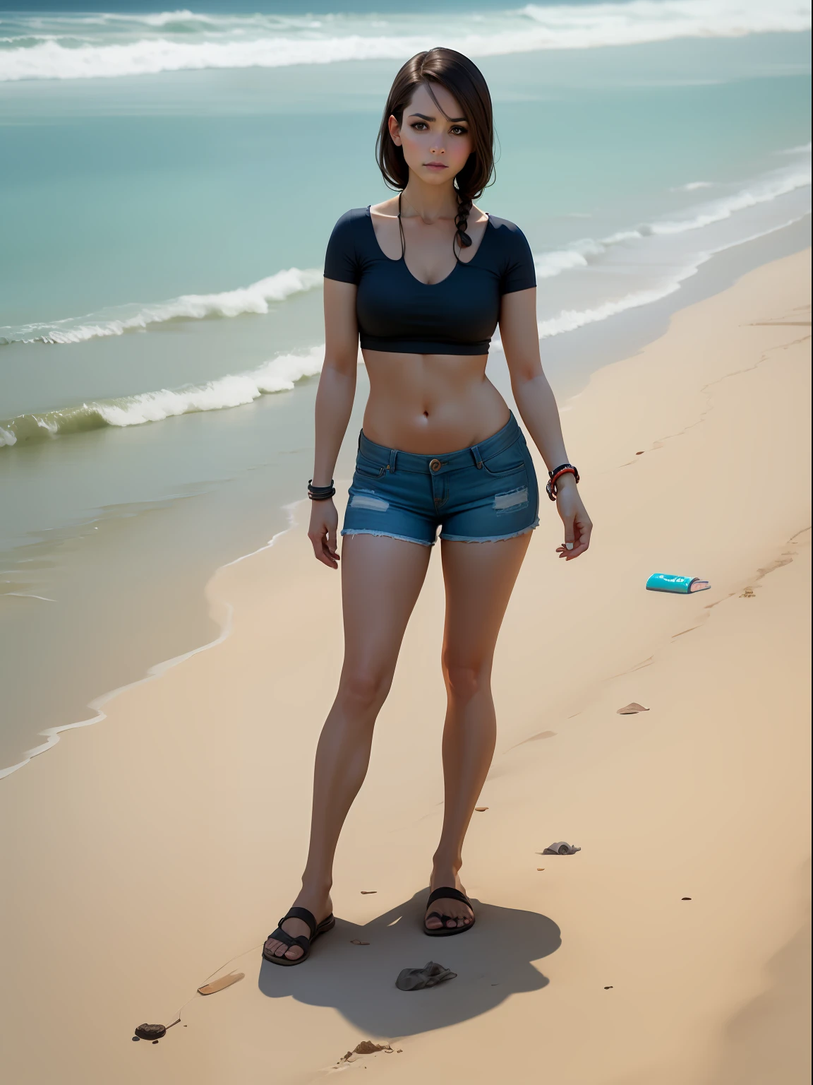 "photograph of a brunette woman at the beach, surrounded by litter on the ground and scattered all over the beach, captured in a wide angle shot emphasizing the trash floating on the water, showcasing her perfect face in a photorealistic and hyperrealistic manner."