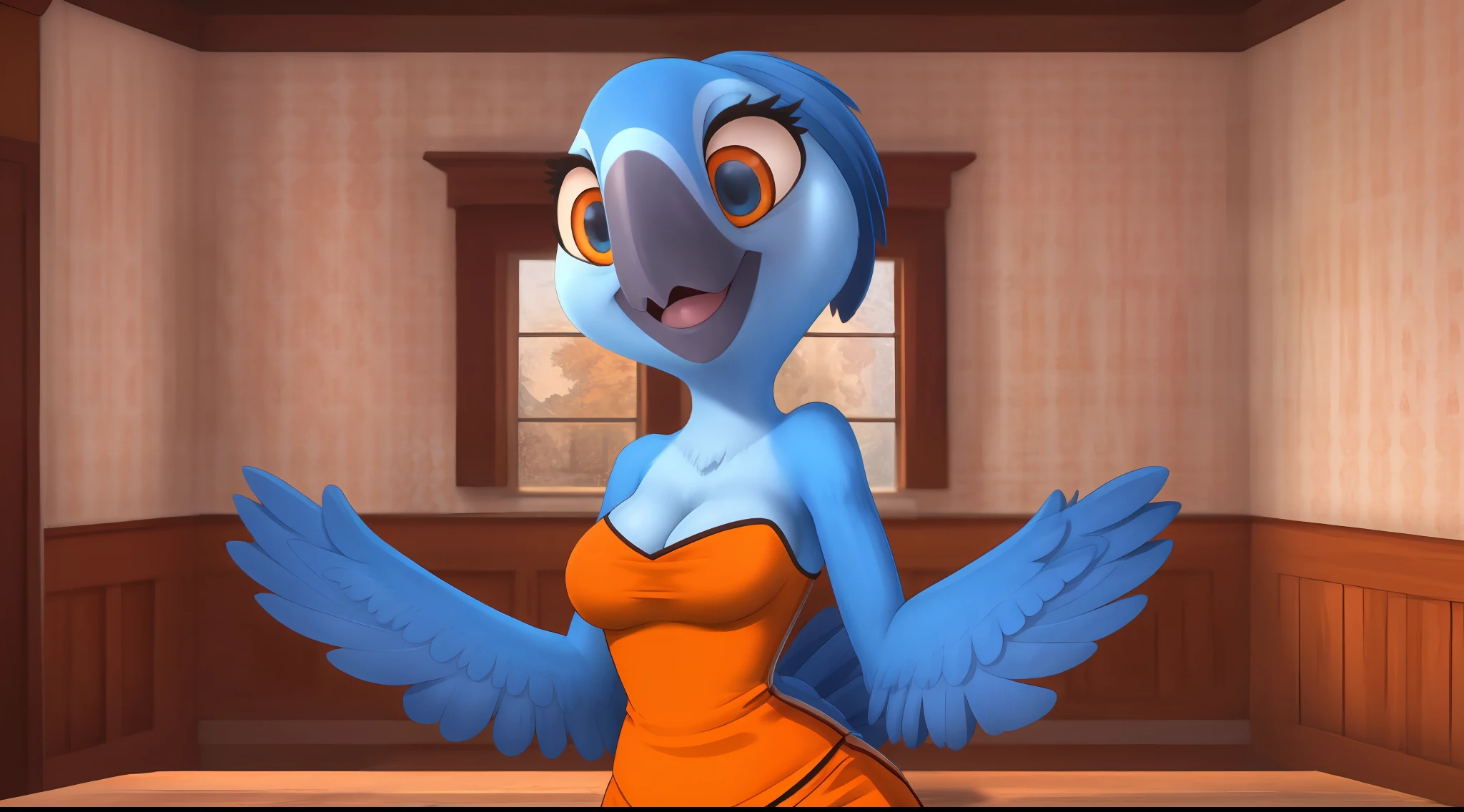 Portrait of Bia cartoon, cgi, female macaw, blue feathers, large pupils, front view, detailed, high quality, 4k, sweet smile, wooden house, interior, eyelashes, anthro, orange clothes, medium breasts