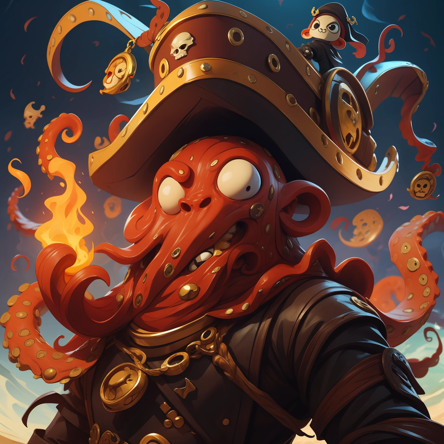 anthropomorphic octopus, ((octopus head, human body)), humanoid octopus, octopus pirate, concept art, action pose, fight pose, warrior, pirate captain, corsair, wooden stick, eel wrapped in a scepter