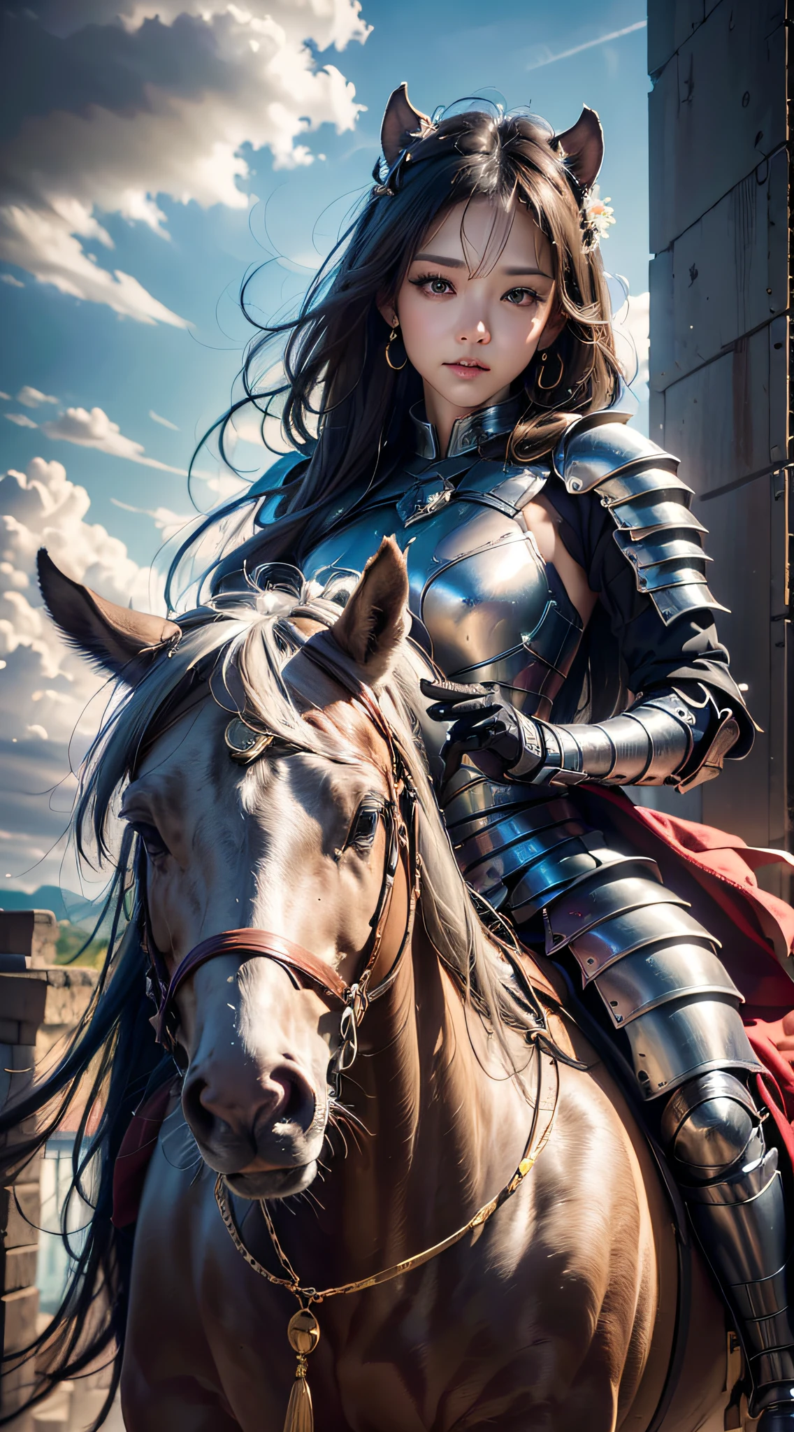 (Hyper-realistic), (illustratio), (A high resolution), (8K), (extremely higly detailed), (Most Best Illustration), (美丽细致的眼睛), (best qualtiy), (ultra - detailed), (tmasterpiece), ( the wallpaper), (详细的脸), 30 age old,A female knight,Dressed in armor,riding a unicorn,(Castle forest in the background)