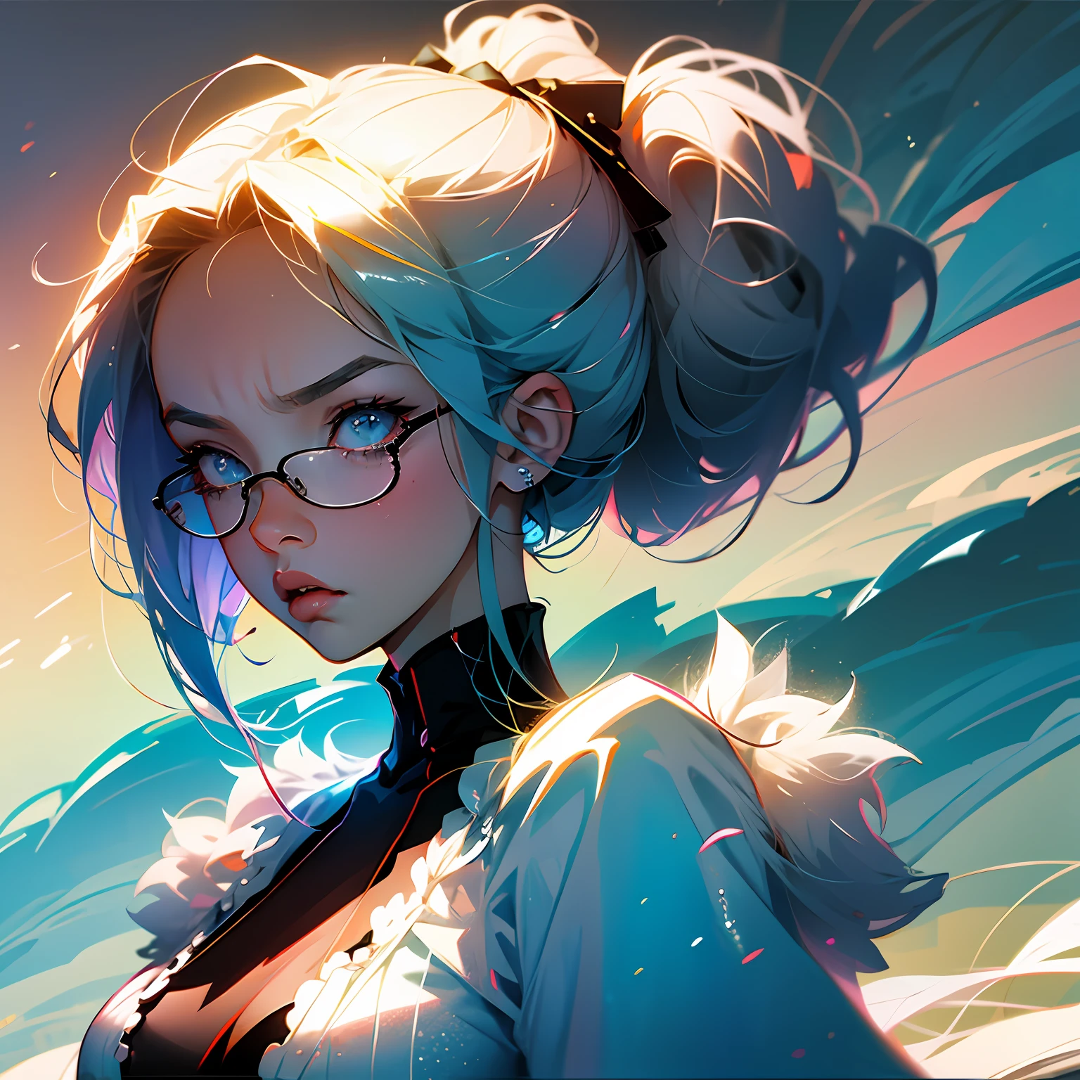 Foto de perfil, Estilo anime, Girl looking at me serious or angry, Cabelo branco e curto acima dos ombros, glasses one way --auto
