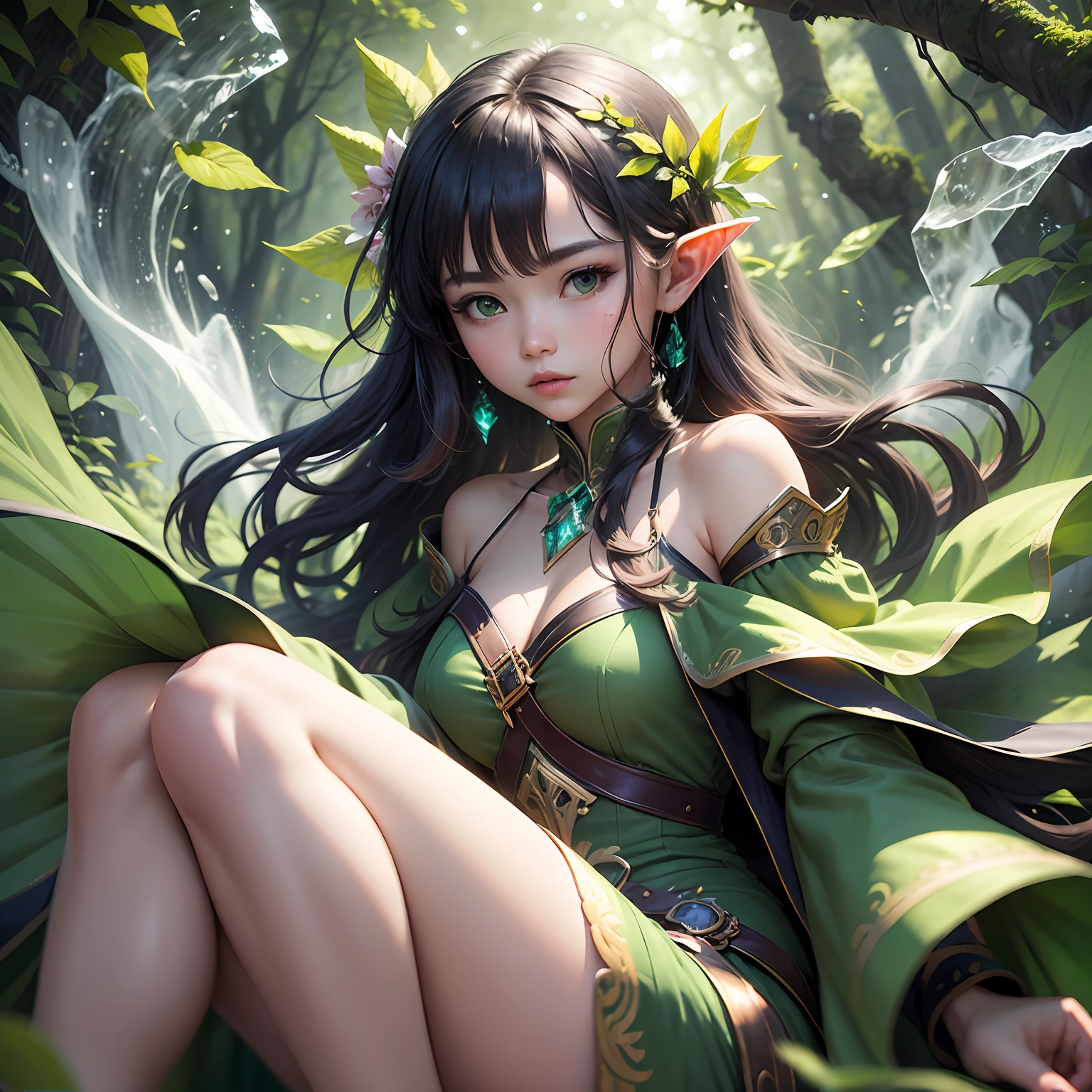 (Masterpiece, Top Quality, Best, Official Art, Beautiful and Aesthetic, Long Exposure: 1.2), Smooth Movement, Charming Patterns, 1 Girl, (Long Dress with Sleeves: 1.3), (((Green Clothes) )), bare shoulders, Chinese girl, blush, black lob hair, portrait, solo, looking at the observer, detailed background, detailed face, (crystallineAI, crystalline theme:1.1), elemental wood elf, rotation foliage, control foliage, emerald clothing, dynamic pose, floating particles, ethereal dynamics, foliage, vapor, forest in the background, green tint, forest, ethereal atmosphere