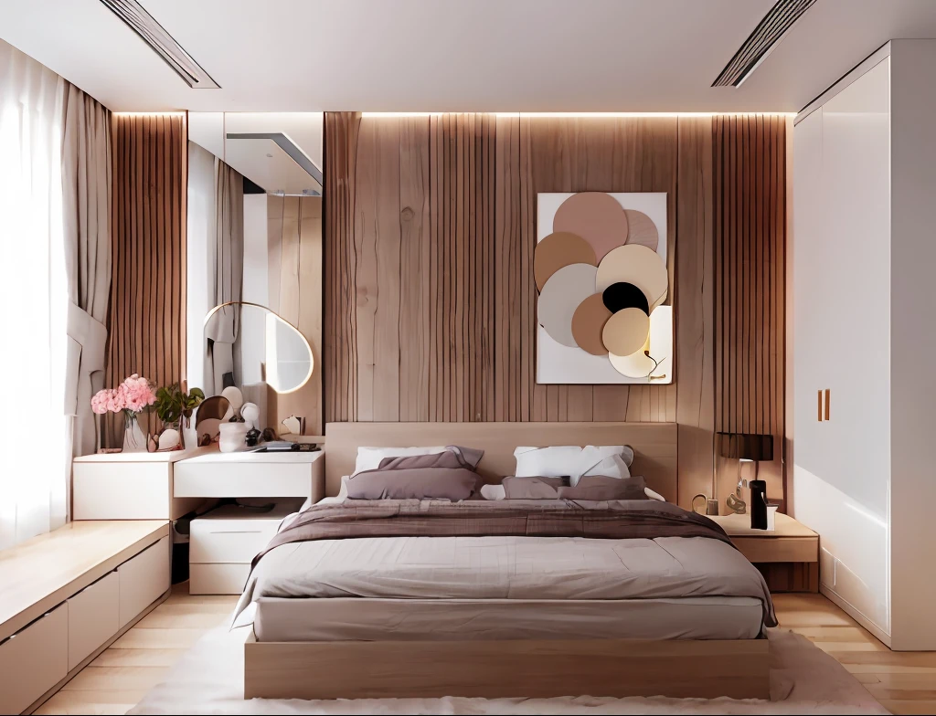 a pink bedroom with a bed, a dresser and a mirror, modern and minimalist, bed room, wood panel walls, neotraditional modern minimalist, exaggerated texture, popular interior design style, wood accents, simple clean lines, with detailed wood, wood paneling, smooth panelling, stylish decor, inside of a bedroom, low details and clean lines, bedroom interior, shimering light