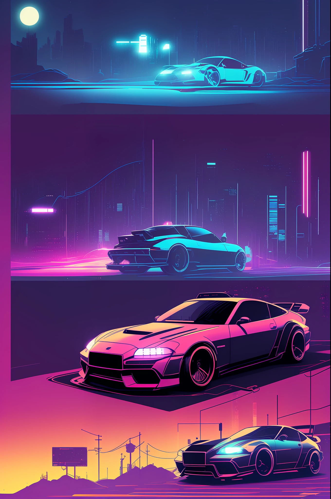 (nvinkpunk:1.2) SNTHWVE style sports car、lightwave、the sunset、iintricate、The is very detailed