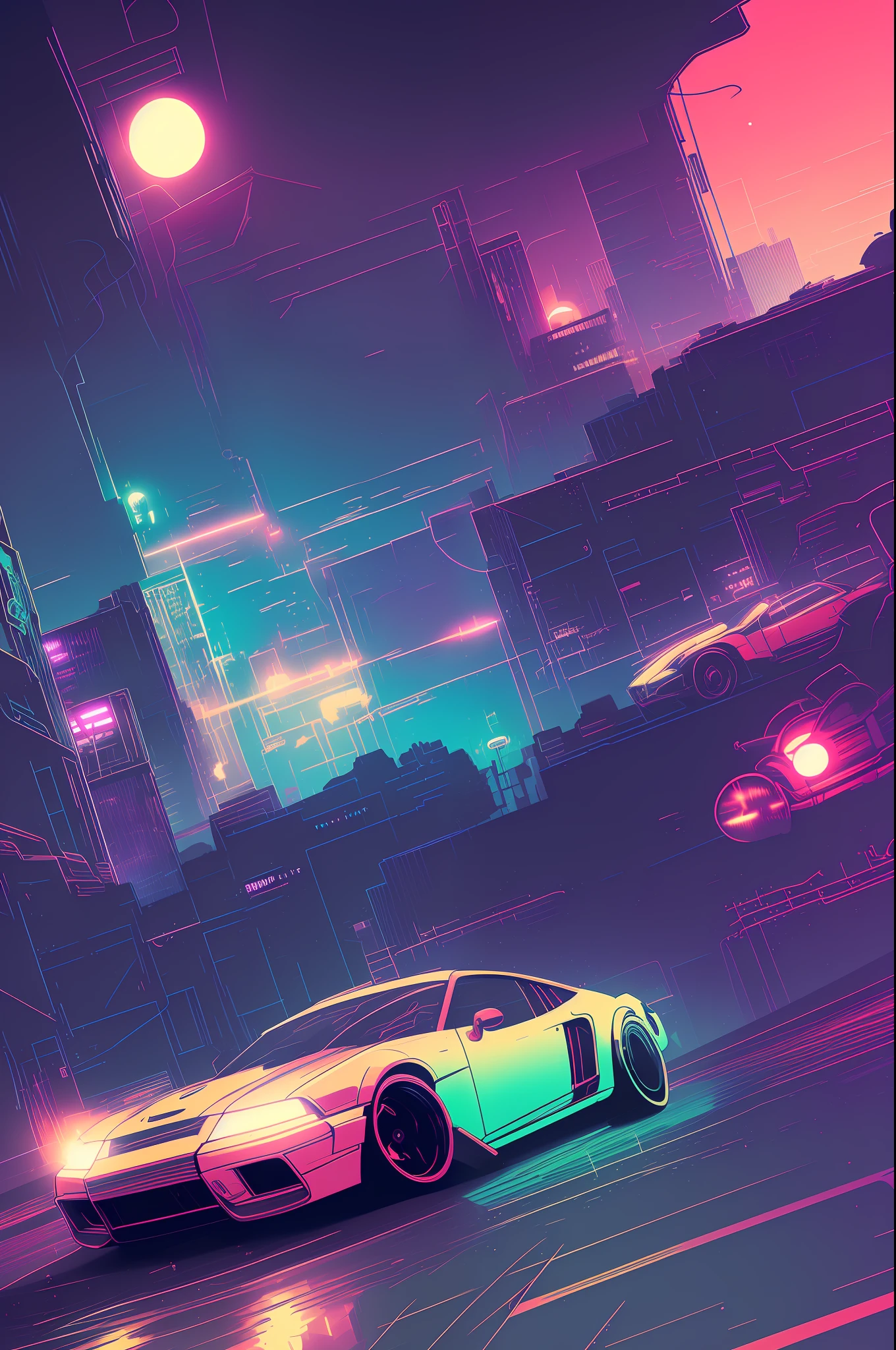 (nvinkpunk:1.2) SNTHWVE style sports car、lightwave、the sunset、iintricate、The is very detailed