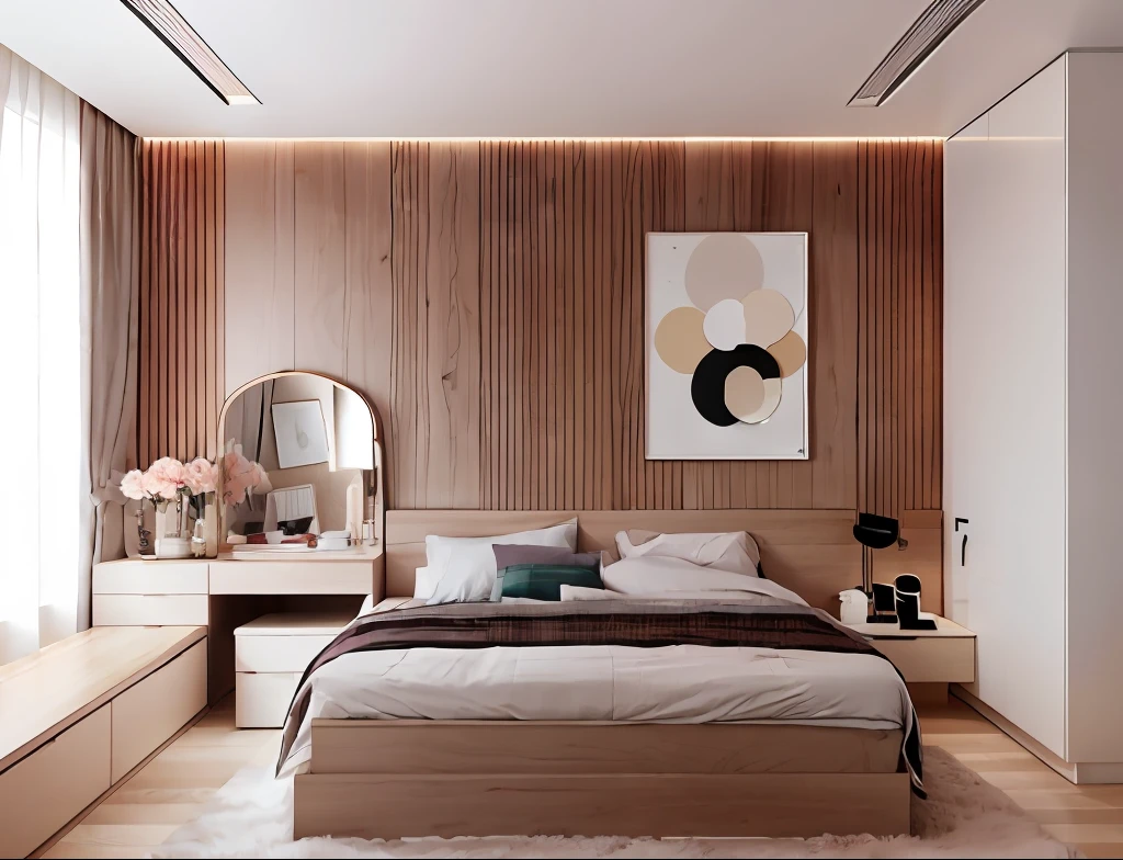 a pink bedroom with a bed, a dresser and a mirror, modern and minimalist, bed room, wood panel walls, neotraditional modern minimalist, exaggerated texture, popular interior design style, wood accents, simple clean lines, with detailed wood, wood paneling, smooth panelling, stylish decor, inside of a bedroom, low details and clean lines, bedroom interior, shimering light