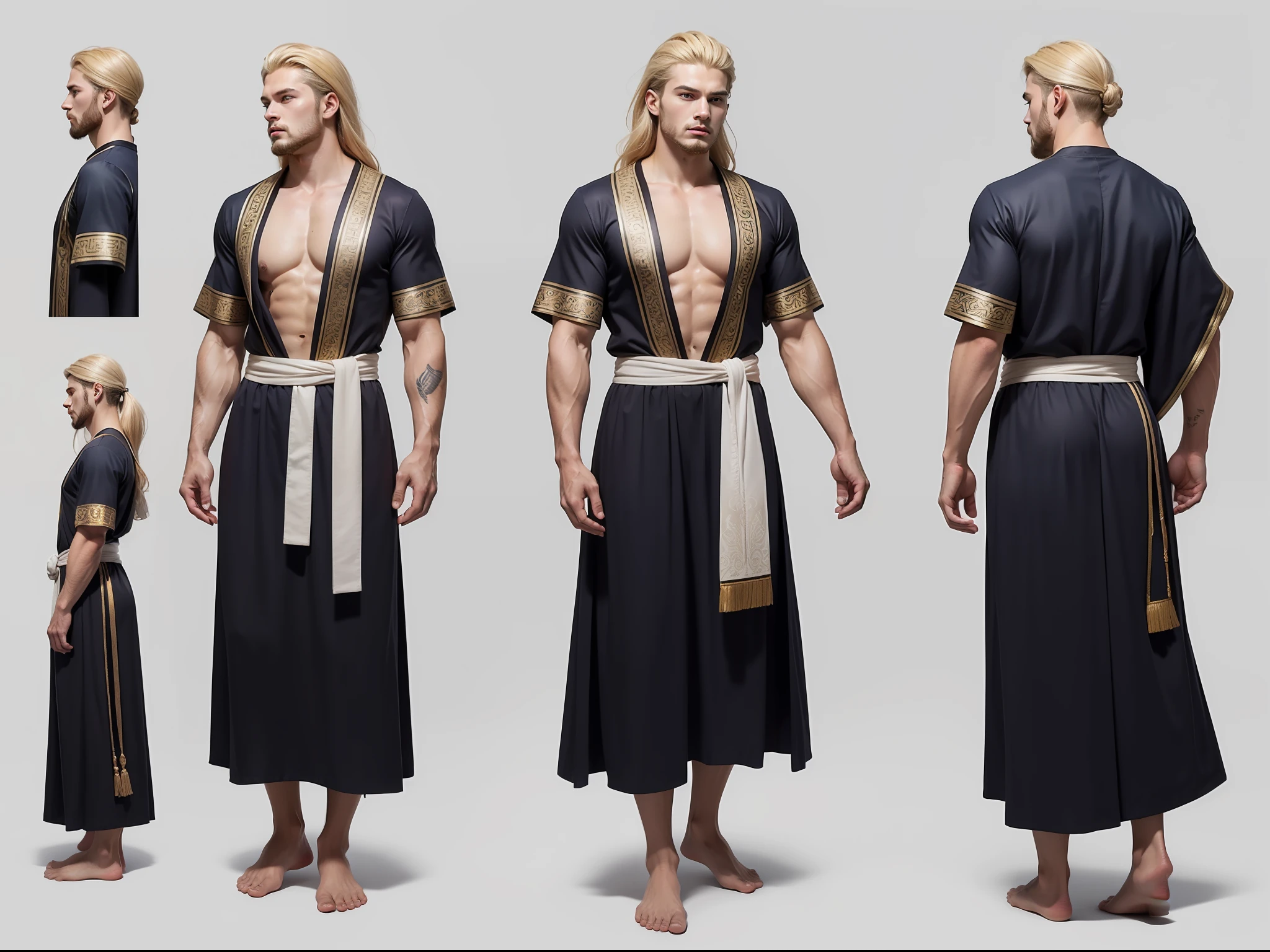 (masterpiece), ultra-detailed, 3 views, character view(front view, side view , back view),ultra detailed to each 3 views, full body, character design, 3 views with different pose, reference sketch of a God, Greek mythology God, Zeus, handsome face detailed, blonde hair color, His physical appearance is usually portrayed with a strong and muscular build, wearing traditional Greek clothing, like a flowing robe or chiton, ultra-realistic and sharp detail and intricate, intricate details, and style, simple background illustration