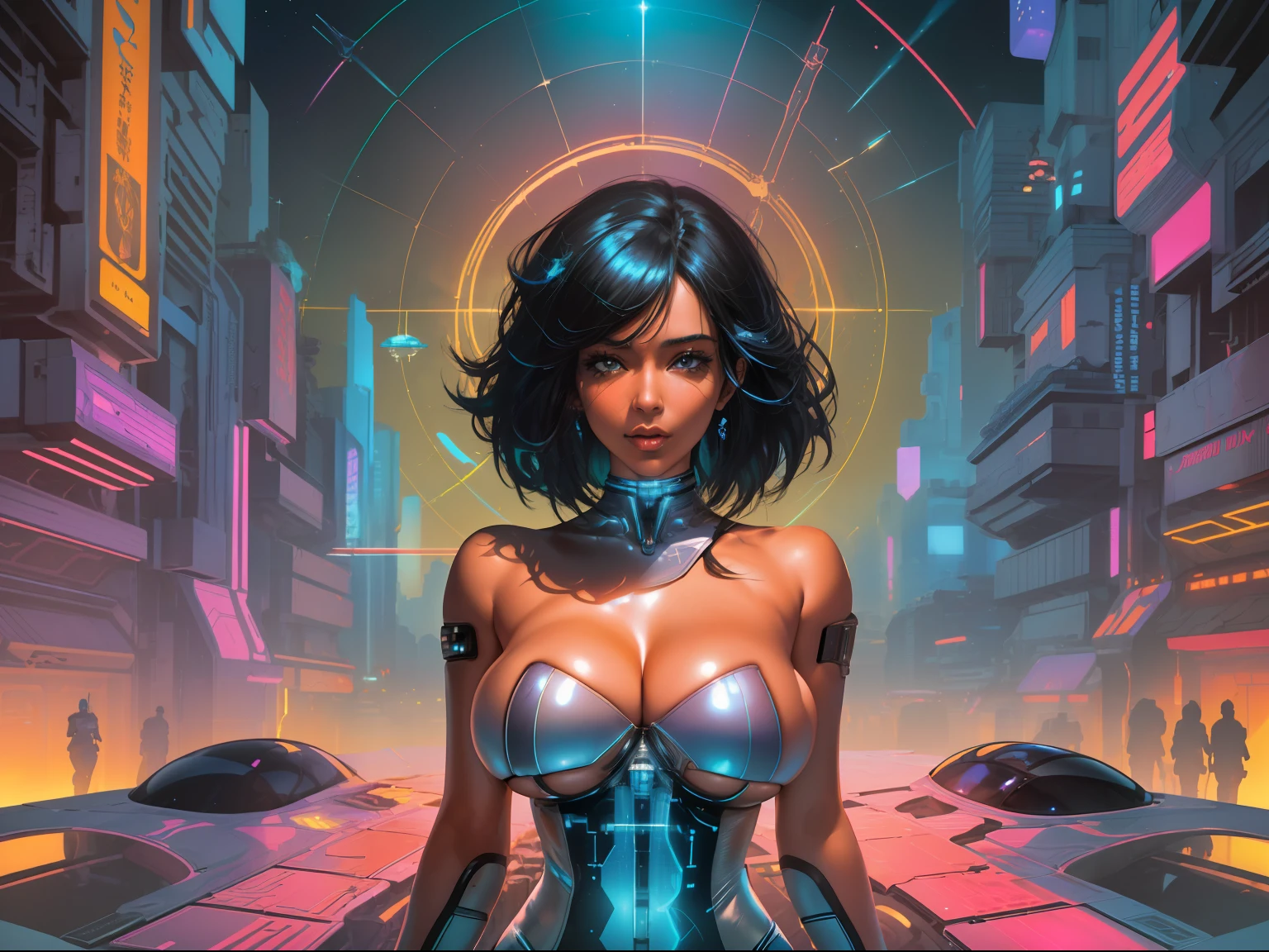 neon cyberpunk beautiful arab identical twins in middle of composition, (((ultra detailed flat earth futuristic city ))), beautiful arab models, detailed and intricate (((space background))), featuring high-tech holographic projections and sleek architecture, nebula and black hole, art by (((Syd Mead, Masamune Shirow, Dylan Kowalski))), highly detailed photo realistic, (((cell shading))), god rays, ultra sharp focus, ultra high quality, vibrant, (very enormous breast:1.7), (bare breasts:1.4), shiny latex is black, latex stockings, long black hair, (shiny skin:1.4), shiny lips, very big ass, symmetrical detailed face, toned, sexy, masterpiece