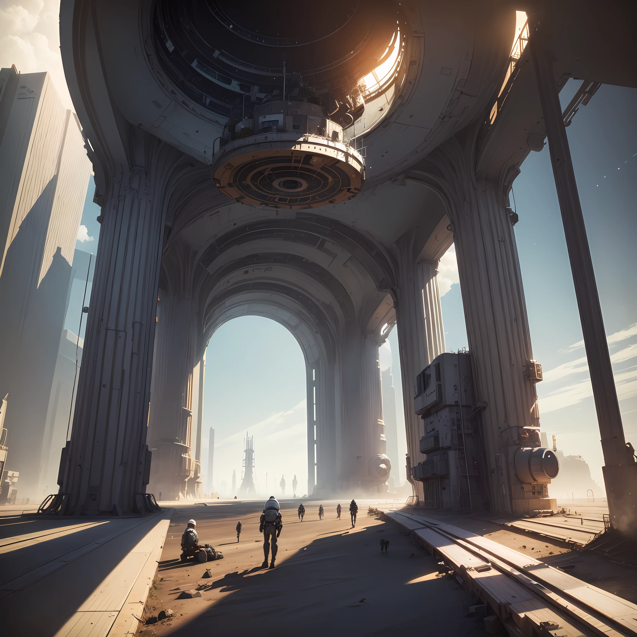 Interstellar space station in 3350 expansive view with lots of background clean and detailed photorealistic, Arbeitende Menschen in Raumanzug die von Roboter Cyborgs bewacht und beaufsichtigen werden (bewaffnet)
