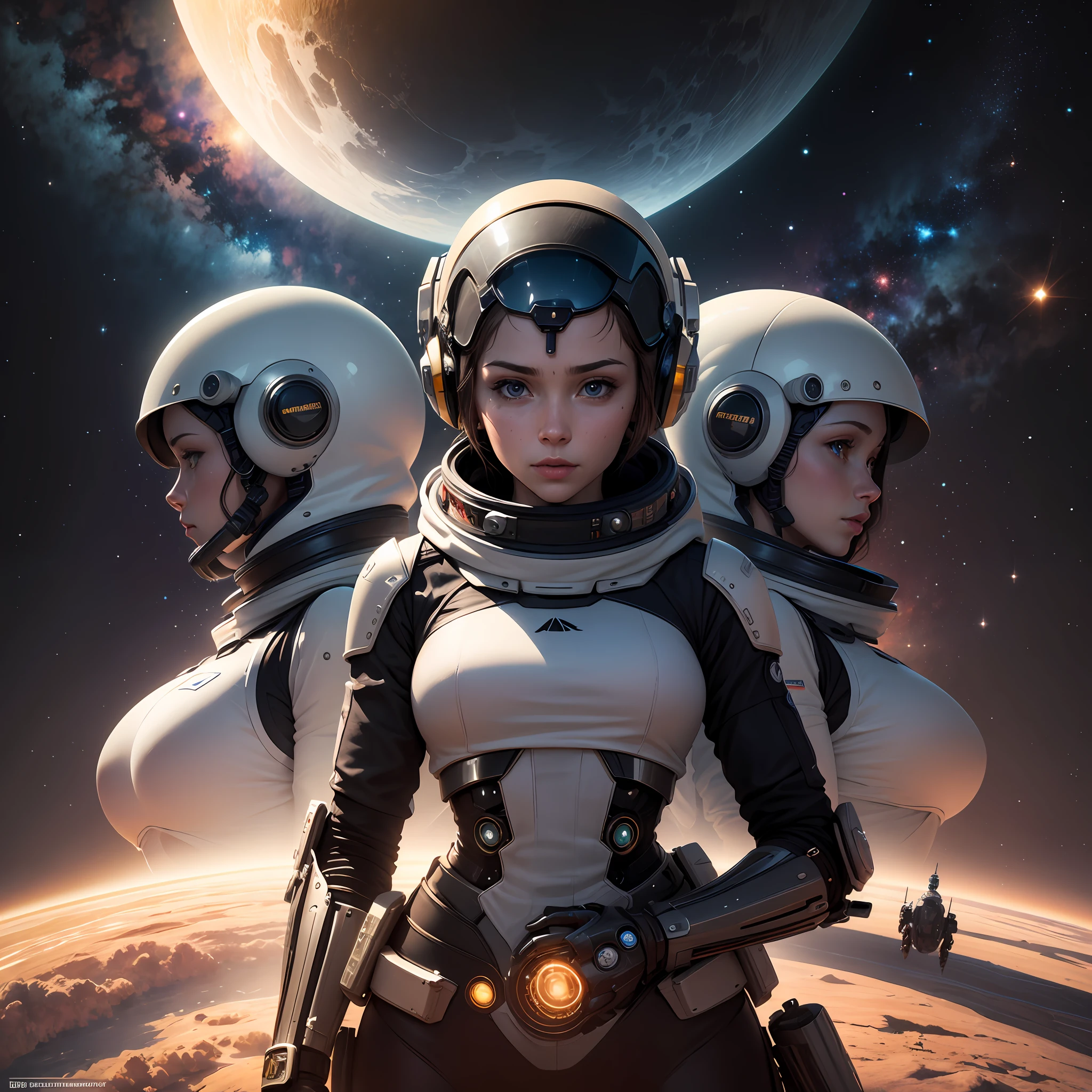 Interstellar space station in 3350 expansive view with lots of background clean and detailed photorealistic, Arbeitende Menschen in Raumanzug von Roboter Cyborgs bewacht und beaufsichtigen werden (bewaffnet)