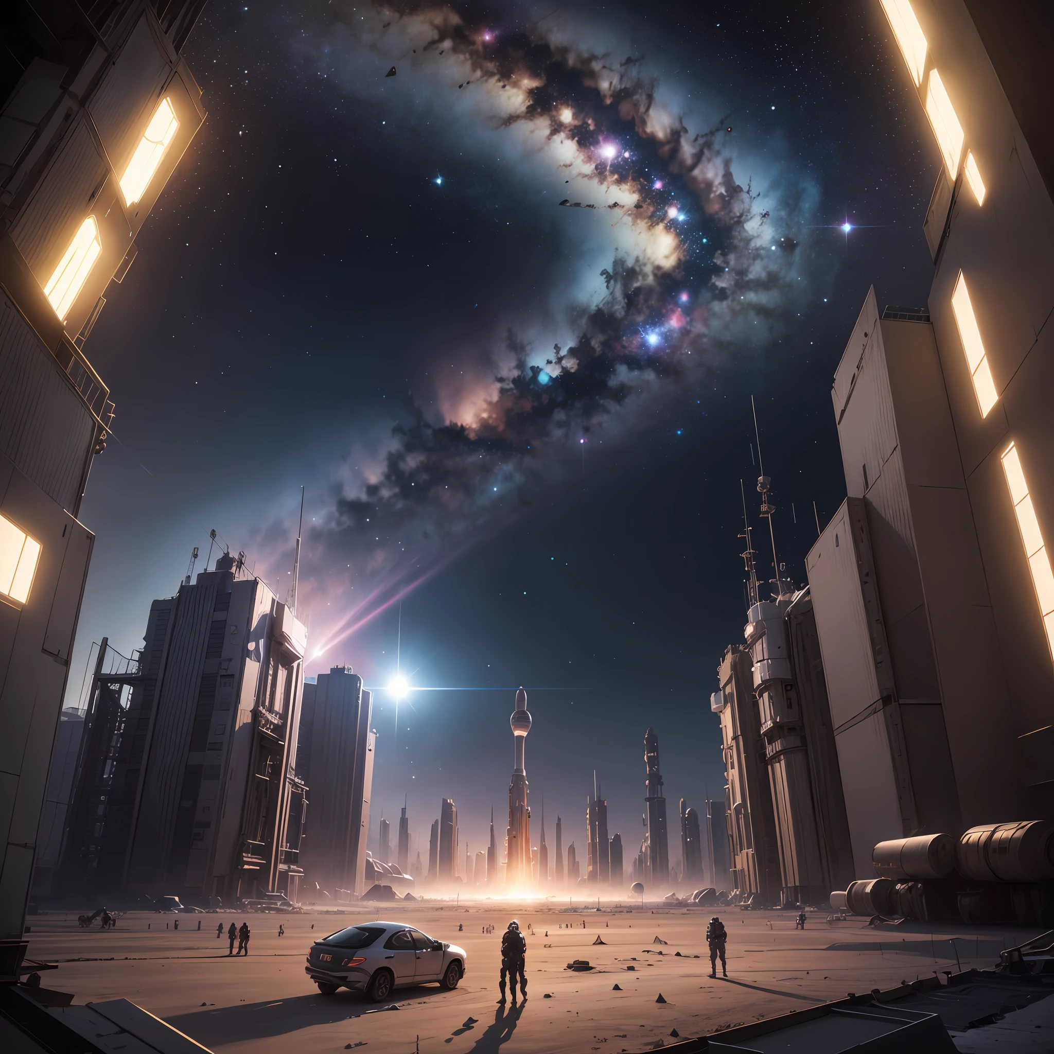 Interstellar space station in 3350 expansive view with lots of background clean and detailed photorealistic, Arbeitende Menschen in Raumanzug die von Roboter Cyborgs bewacht und beaufsichtigen werden (bewaffnet)
