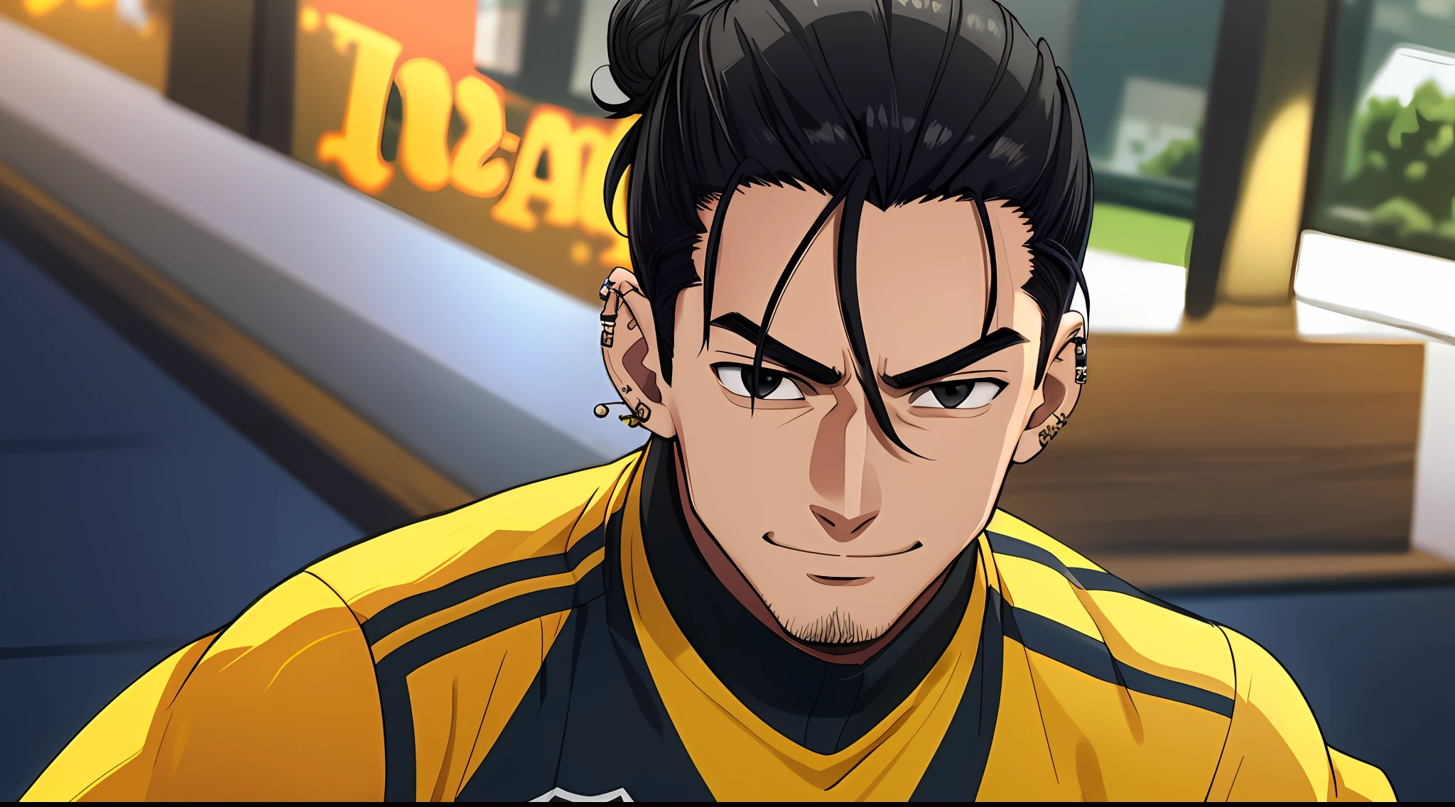 celebration, (masterpiece), (best quality), (super detail) expressive eyes, perfect face, 1boy, lazy eye, smile, normal skin, (wearing soccer kits player), black eyes, ear piercing, man bun black hair, looking arrogant, (full shot)