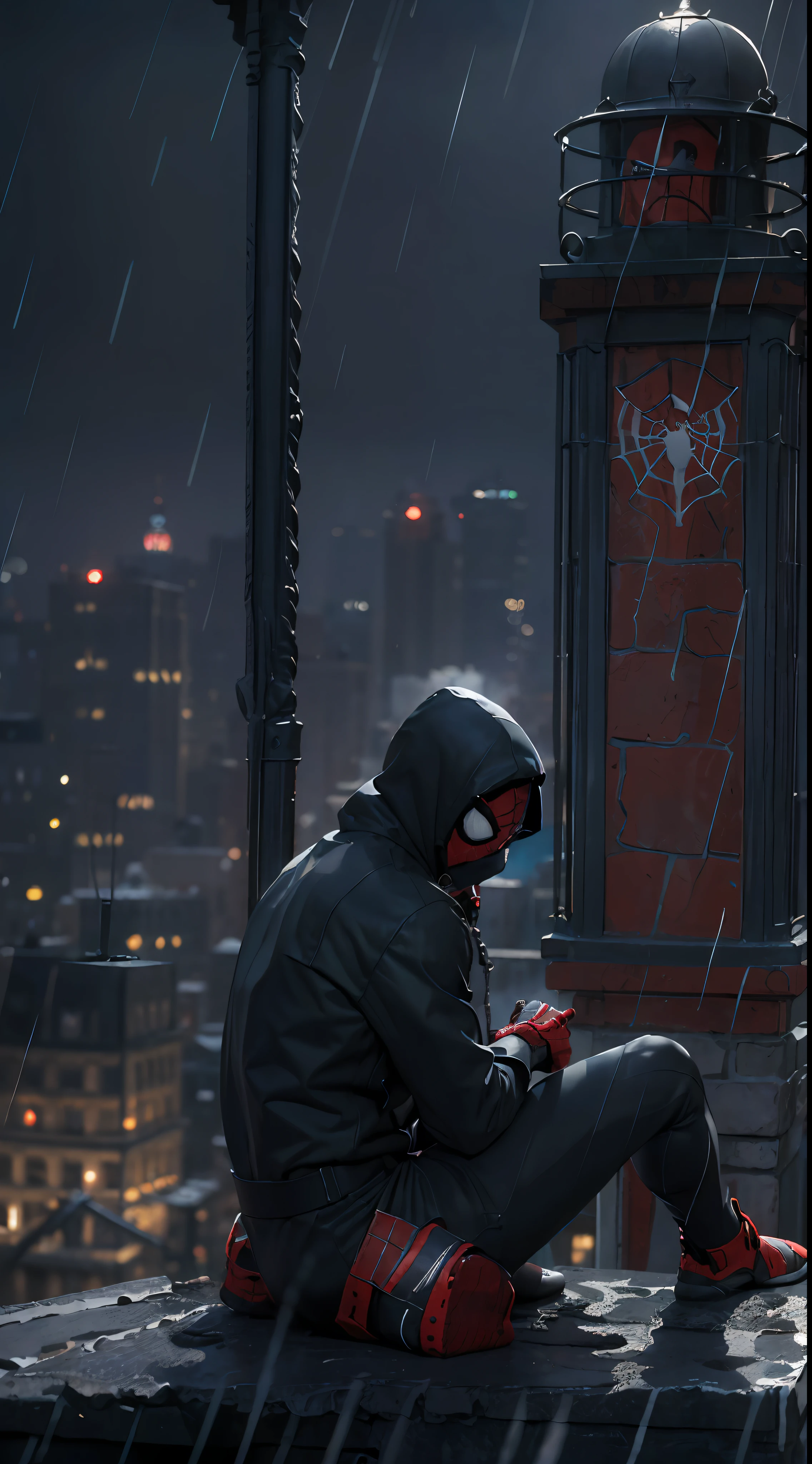 ((best qualtiy)), ((tmasterpiece)), (the detail:1.4), hdr（HighDynamicRange）,8K，nigth，very heavy rain，1boy ,Spider-Man in Black，((Sit on the bell tower))，Behind it is a huge clock，Black jumpsuit ,Spidey，sitted，Black hoodie，sitting on the edge of roof, Lonely，squat on the roof