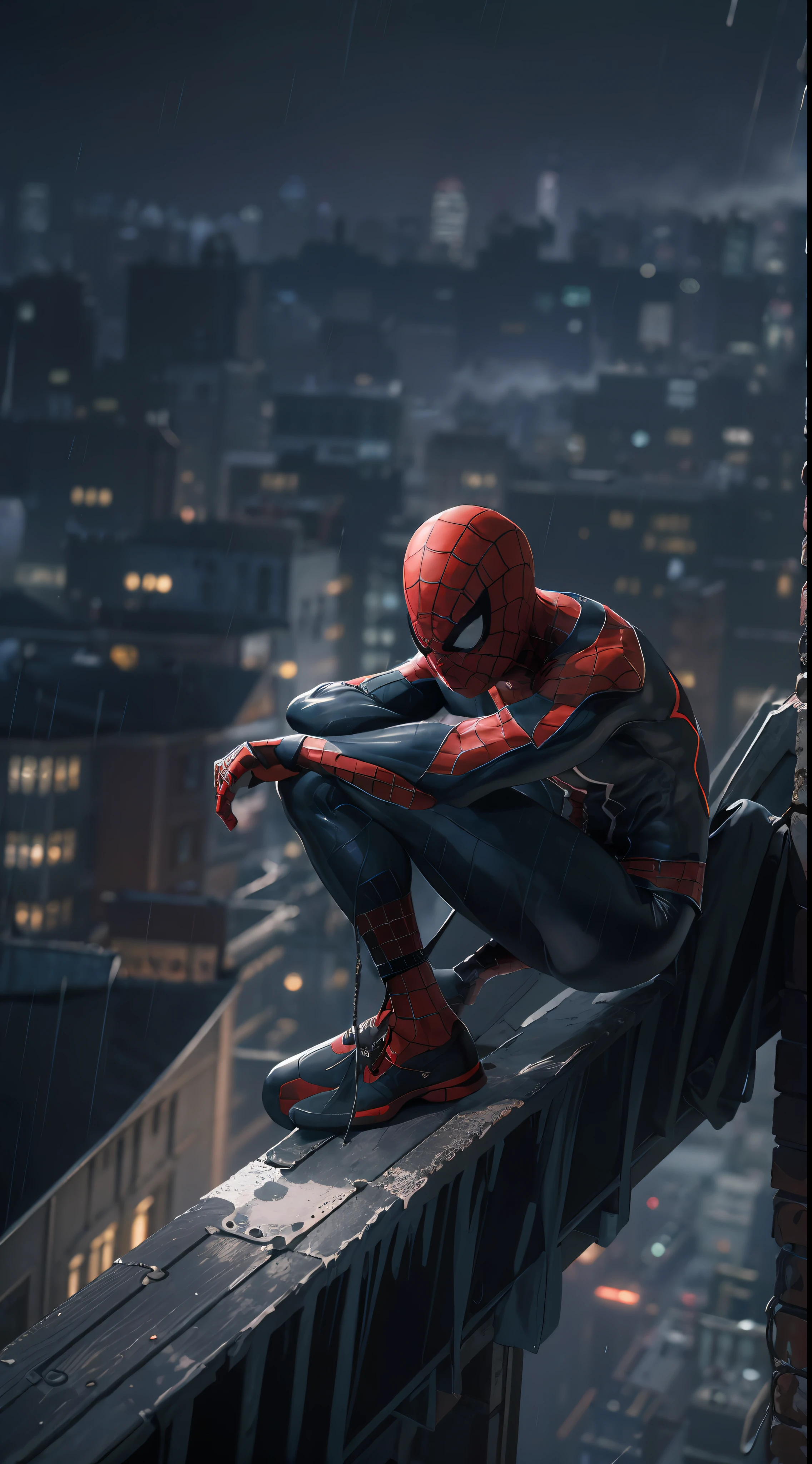 ((best qualtiy)), ((tmasterpiece)), (the detail:1.4), hdr（HighDynamicRange）,8K，nigth，very heavy rain，1boy ,Spider-Man in Black，Sit on the bell tower，Black jumpsuit ,Spidey，sitted，Black hoodie，sitting on the edge of roof, Lonely，squat on the roof