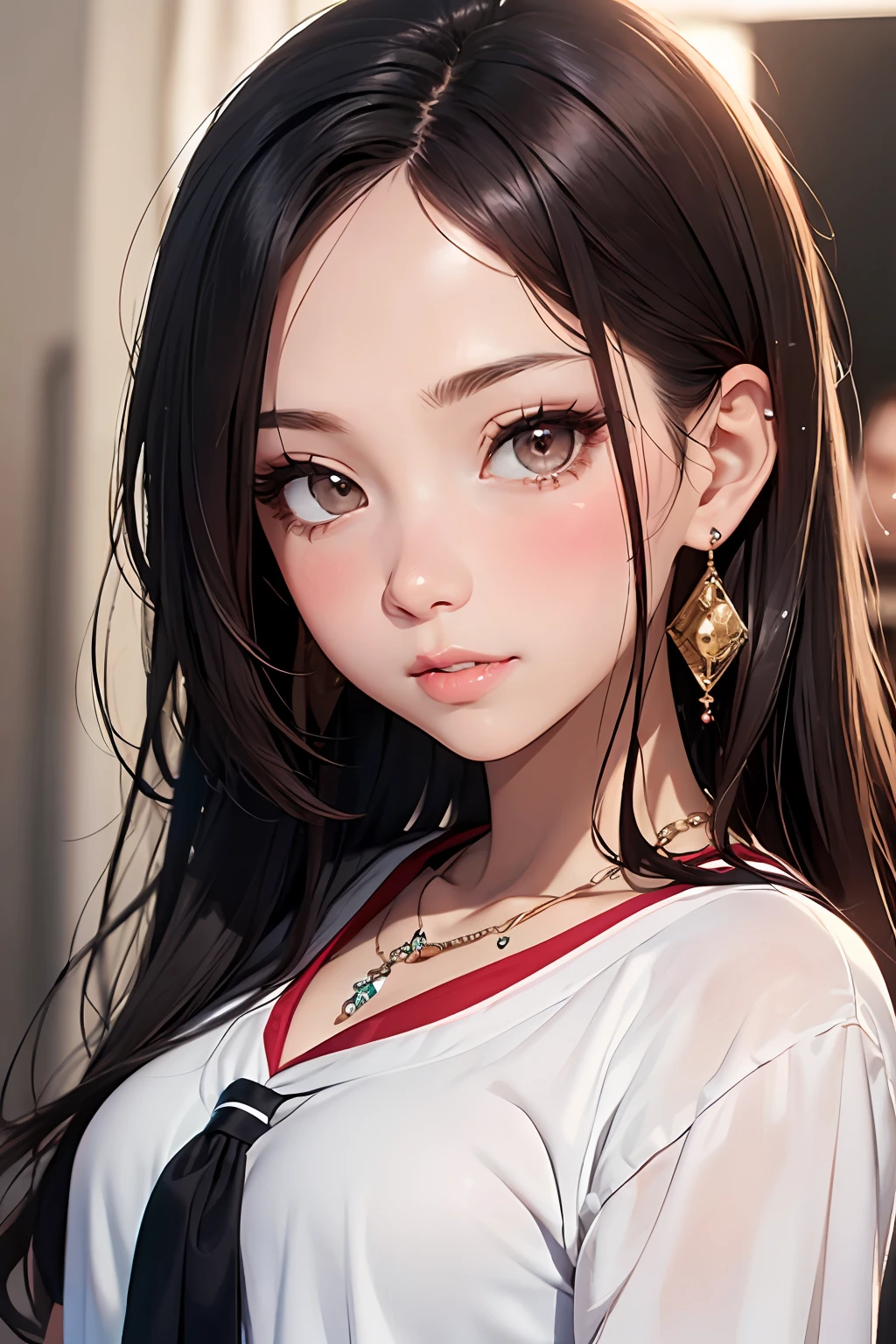 (Masterpiece: 1.3), (Maximum resolution: 1.2), (Ultra HDTV: 1.2), Cinema light, Ultra HDTV, (Detailed eyes and skin), (Detailed facial features), HDR, 8k resolution, Sharp Focus: 1.2, Perfect style, beautiful face, accurate, anatomically correct, highly detailed face and skin texture, detailed eyes, brown eyes, double eyelids, thin eyebrows, glitter eyeliner: 1.2, natural cheeks, glossy skin, fair skin: 1.2, shiny little necklace and earrings, (glossy lips: 1.4),
BREAK
They are Wearing High school uniform, (embarrassed:1.2), (blush:1.2), Innocent and Cute 1 girl, (((and 1 cool boy:1.5))),