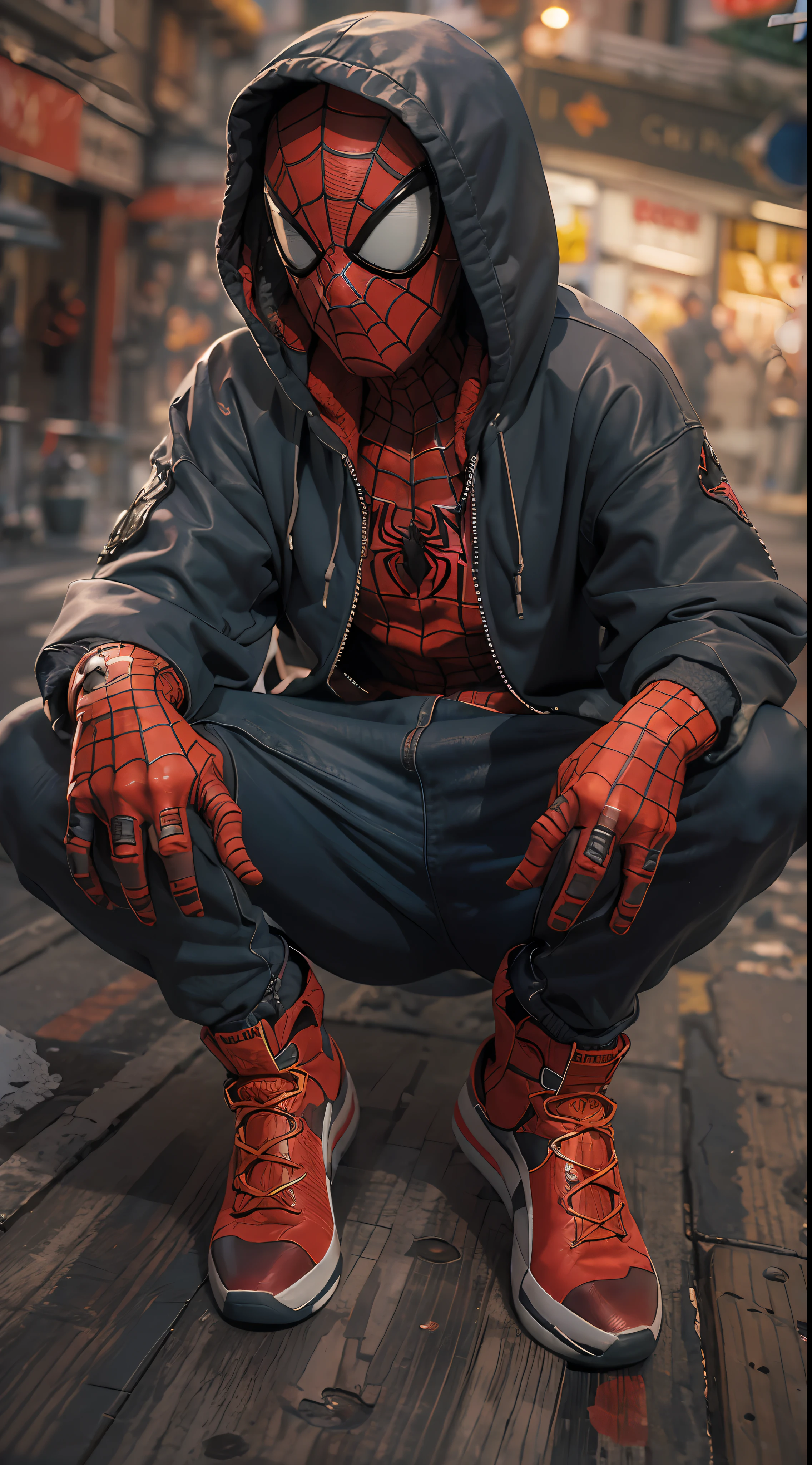 ((best qualtiy)), ((tmasterpiece)), (the detail:1.4), hdr（HighDynamicRange）,8K raw data、1boy，Spidey，sitted，Coke in hand，Wear a hoodie，Backshot，looking at viewert