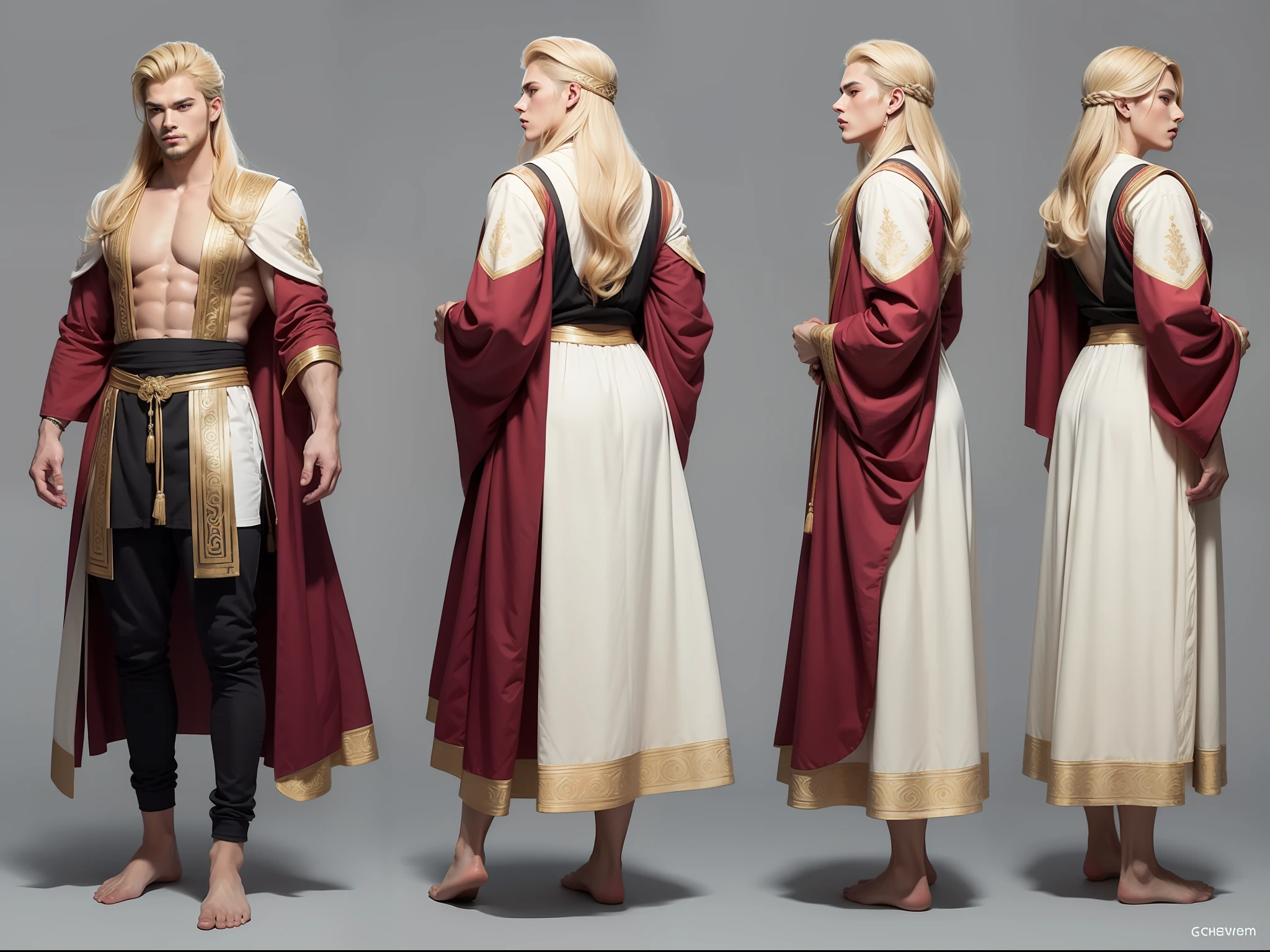 (masterpiece), ultra-detailed, 3 views, character view(front view, side view , back view),ultra detailed to each 3 views, full body, character design, 3 views with different pose, reference sketch of a God, Greek mythology God, Zeus, handsome face detailed, blonde hair color, His physical appearance is usually portrayed with a strong and muscular build, wearing traditional Greek clothing, like a flowing robe or chiton, ultra-realistic and sharp detail and intricate, intricate details, and style, simple background illustration