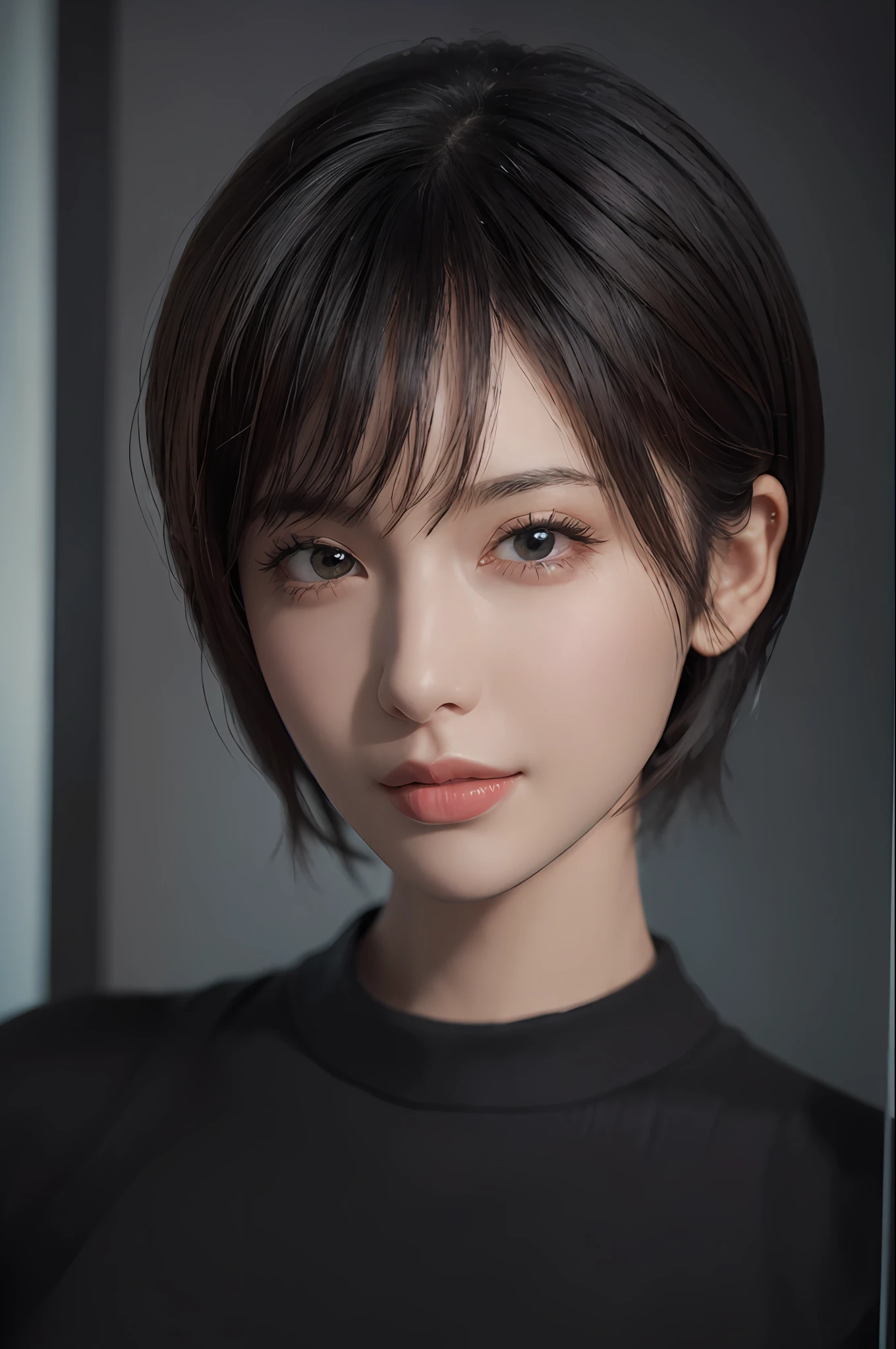 (masterpiece:1.3), (8k, photorealistic, RAW photo, best quality: 1.4), (1girl), beautiful face, (realistic face), (black hair, short hair:1.3), beautiful hairstyle, realistic eyes, beautiful detailed eyes, (realistic skin), beautiful skin, (sweater), absurdres, attractive, ultra high res, ultra realistic, highly detailed, golden ratio