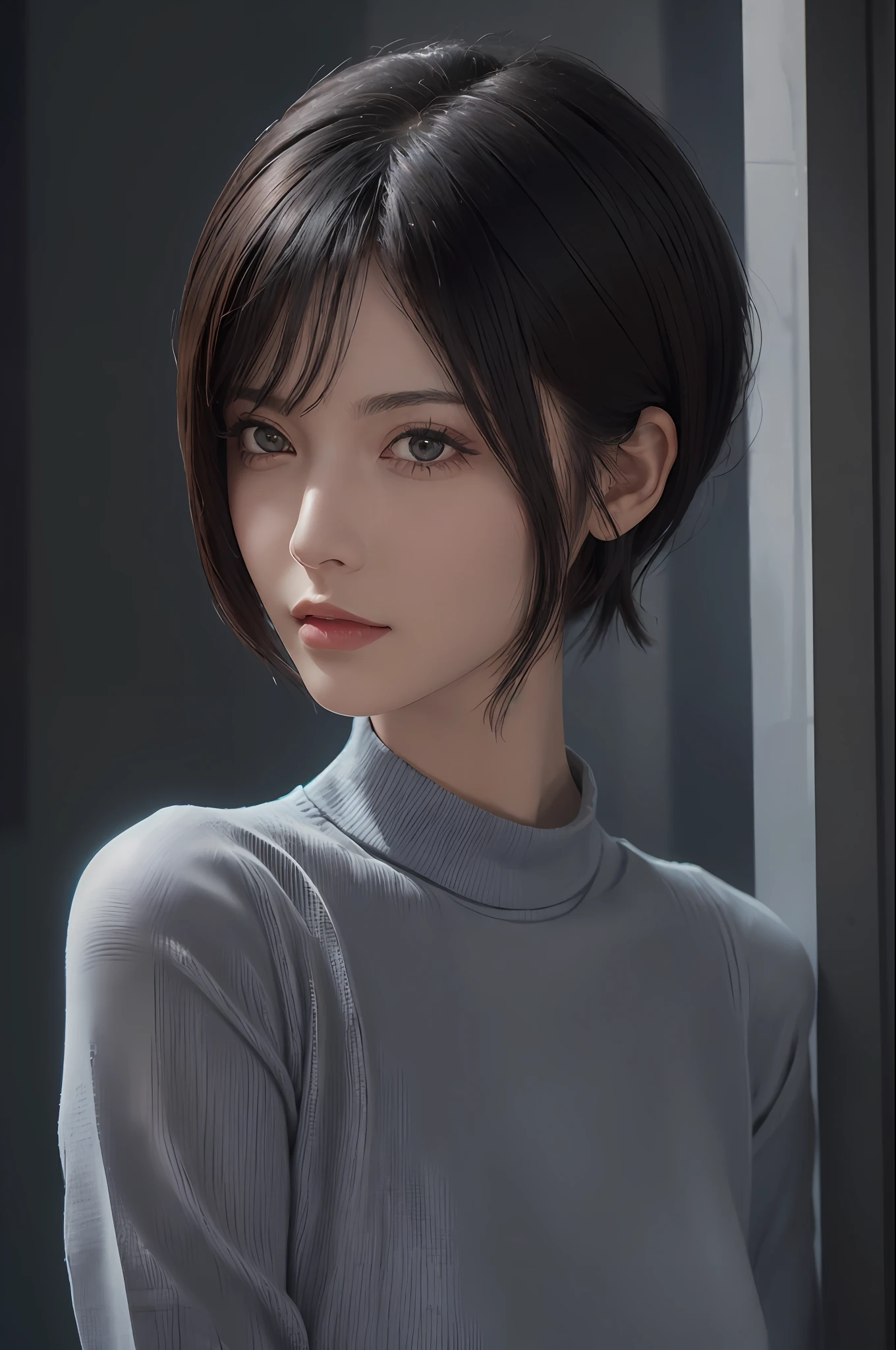 (masterpiece:1.3), (8k, photorealistic, RAW photo, best quality: 1.4), (1girl), beautiful face, (realistic face), (black hair, short hair:1.3), beautiful hairstyle, realistic eyes, beautiful detailed eyes, (realistic skin), beautiful skin, (sweater), absurdres, attractive, ultra high res, ultra realistic, highly detailed, golden ratio