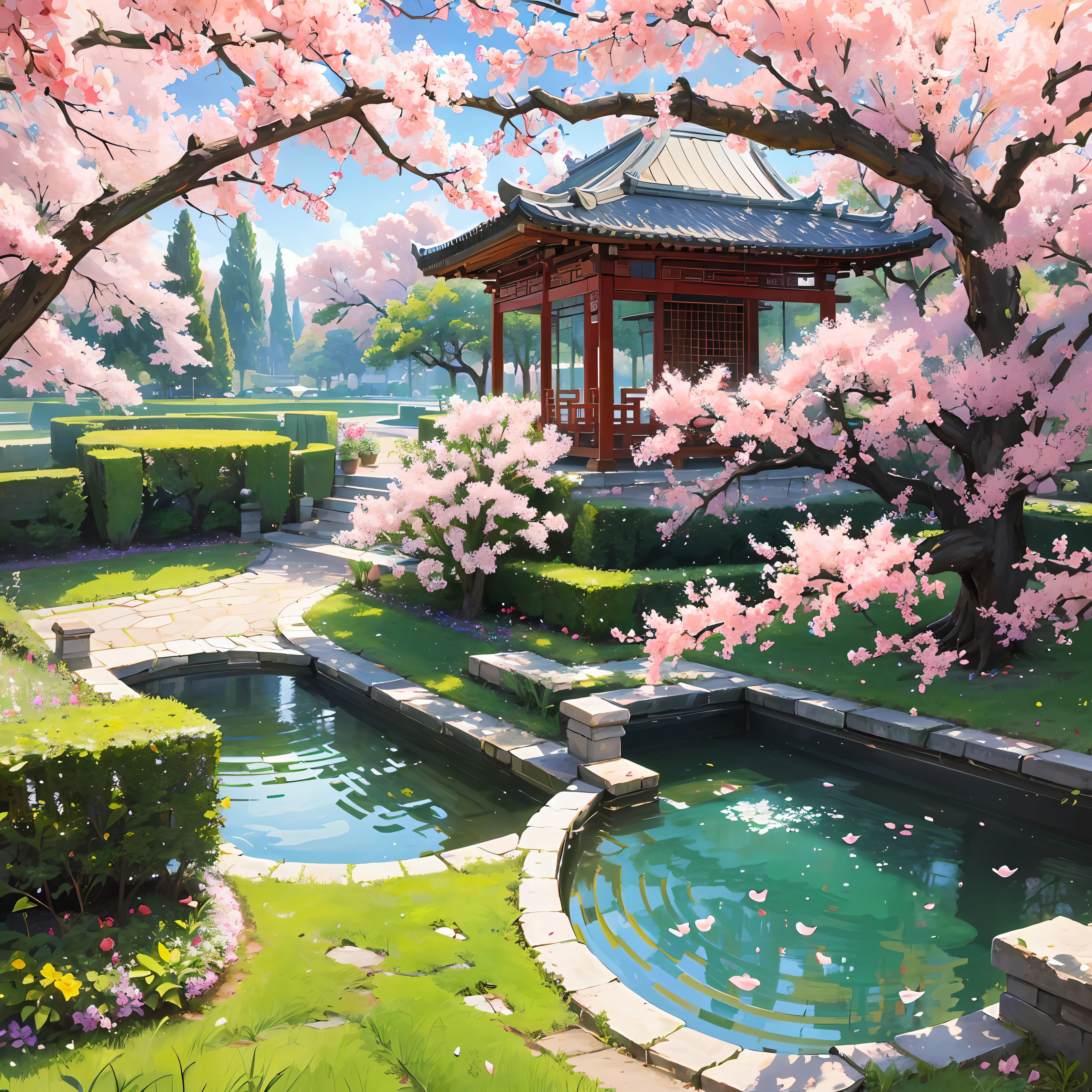 8k, ccurate, best quality, super detail, high details,Realistic,A Chinese-style garden,There is a pavilion in the garden,A lake,Some plum trees,Pear blossom tree,Peach blossom tree,rockery,bird's eyes view,Unreal Engine --auto
