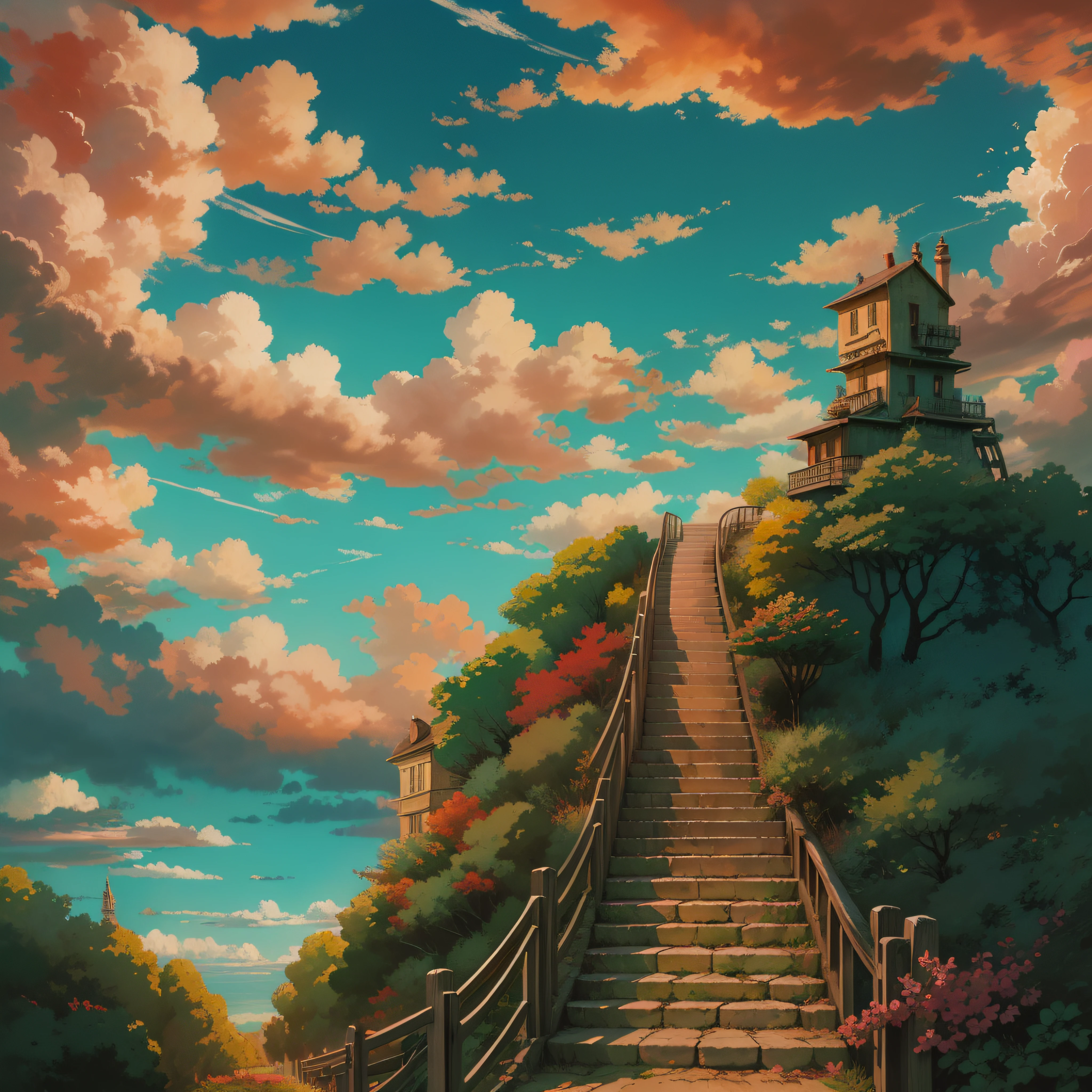 animesque、Skyscape with clouds、Red sunset sky、Deities々Shikai、stairway、You can see the touch of the brush、no human figures、Studio Ghibli、Ghibli、Scenery、Style、The light is sparkling、sky line、low angles