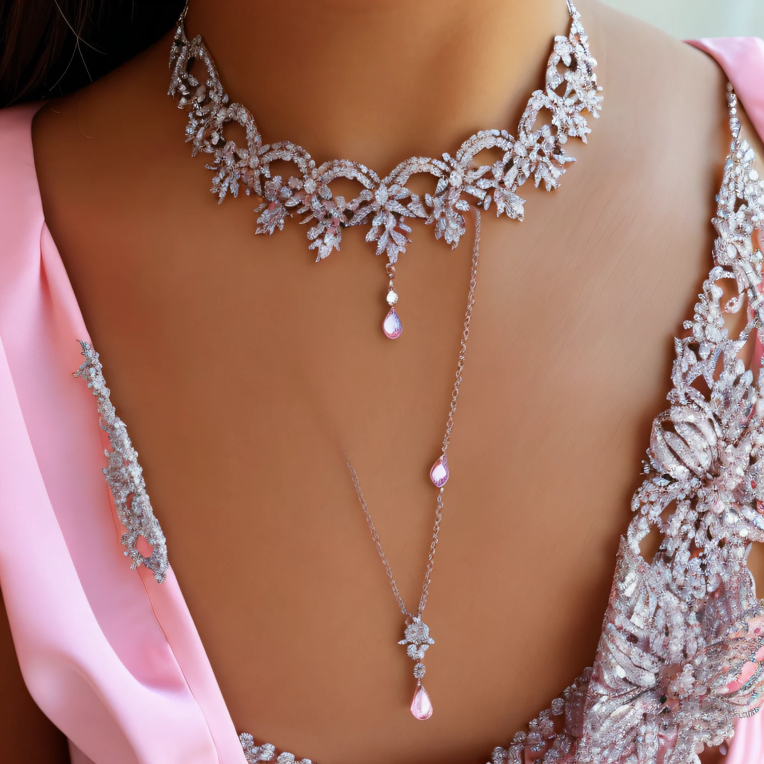 a close up of a woman wearing a dress and a necklace, Broken silver several double chains female collarbone chain crossed bare chest, detailed zoom photo, Gem Necklace, There are sparkling moonshine gemstones on top, luxurious neckless, frilled blooming collar, neck zoomed in, Pendant necklace, Diamonds and bows, bottom angles, Rose quartz, necklace on display, necklace, --auto