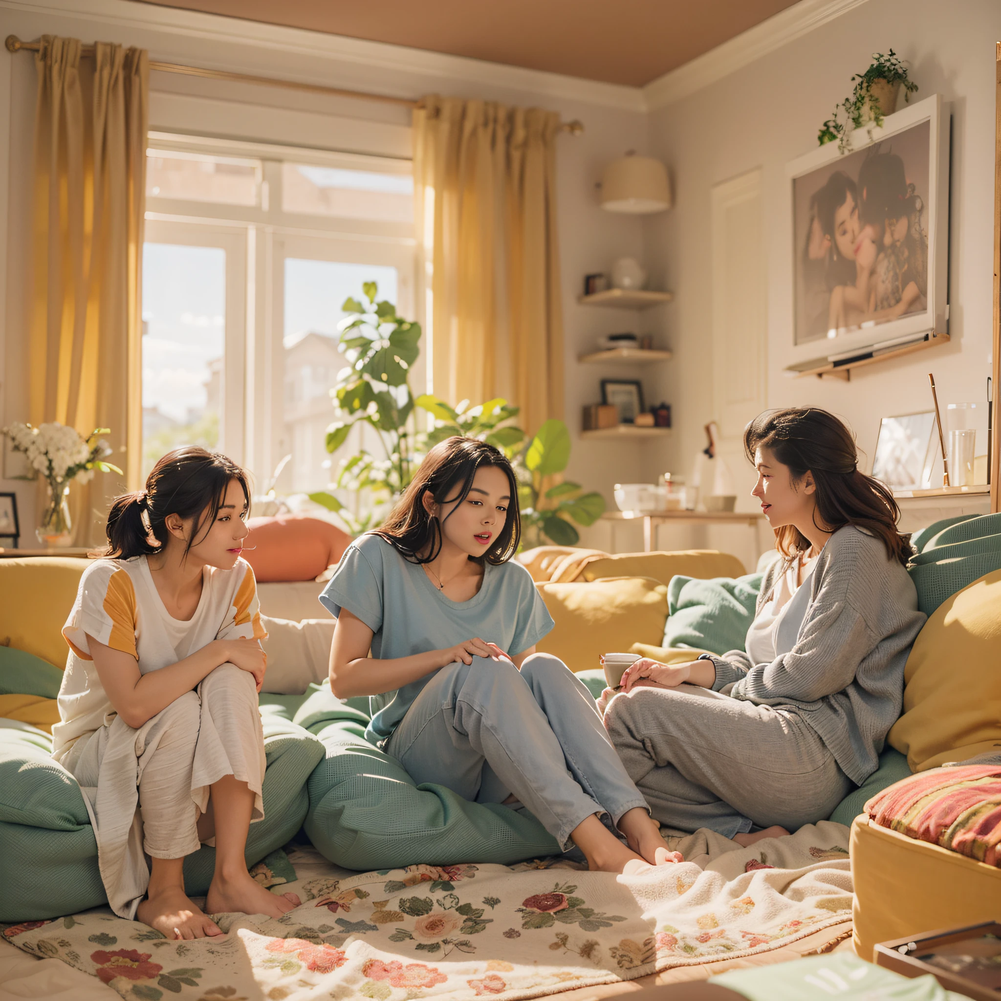 three women sitting on bean bags in a living room with a couch, in a living room, girls resting, netflix, afternoon hangout, calmly conversing 8k, in the bedroom at a sleepover, morning golden hour, cinematic morning light, shutterstock, conversation pit, summer morning, at home, having a good time, early morning mood, morning lighting